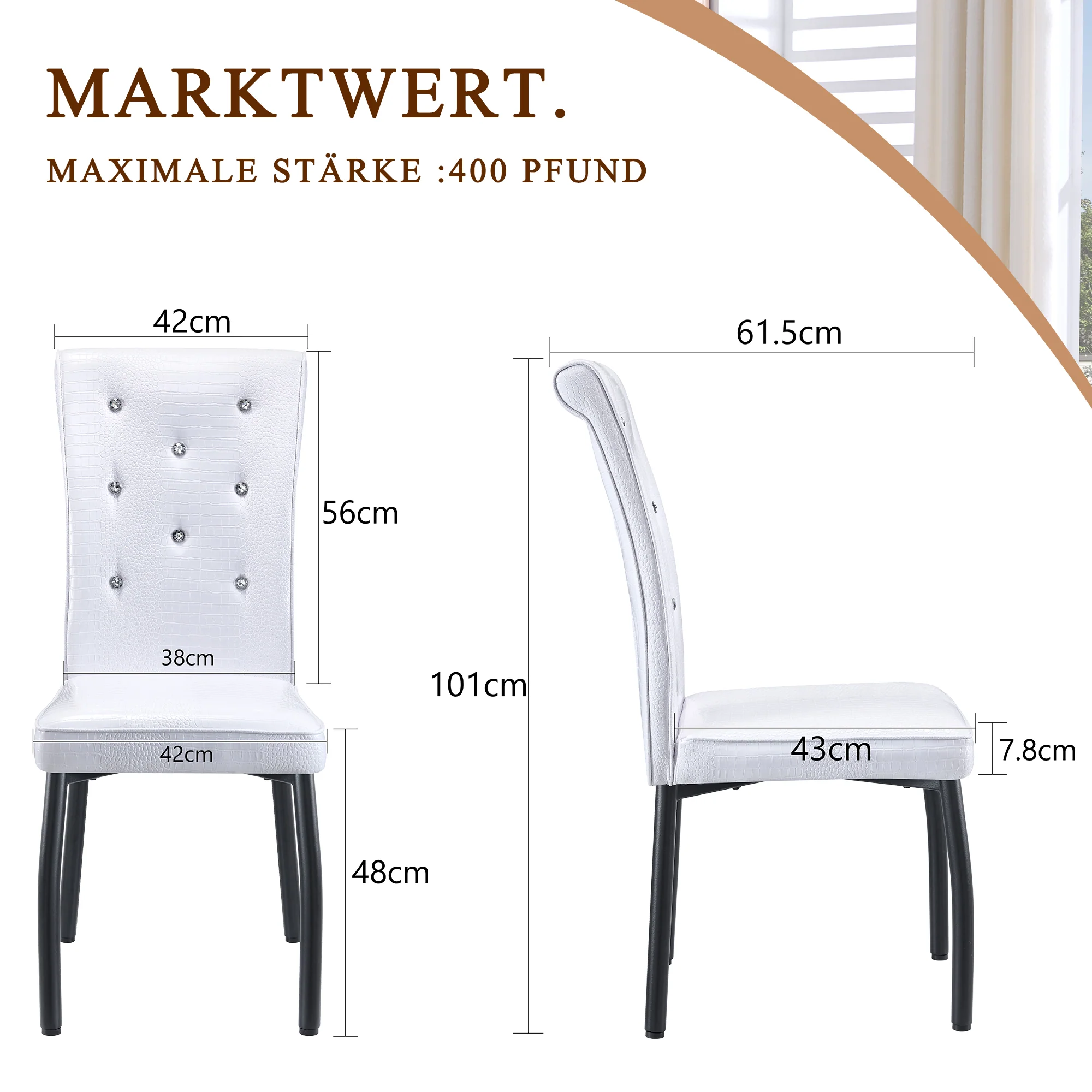 Set of 2 Dining Seats Soft Retro Crocodile Pattern Crystal Clasps White and Black Faux Leather - Image 7
