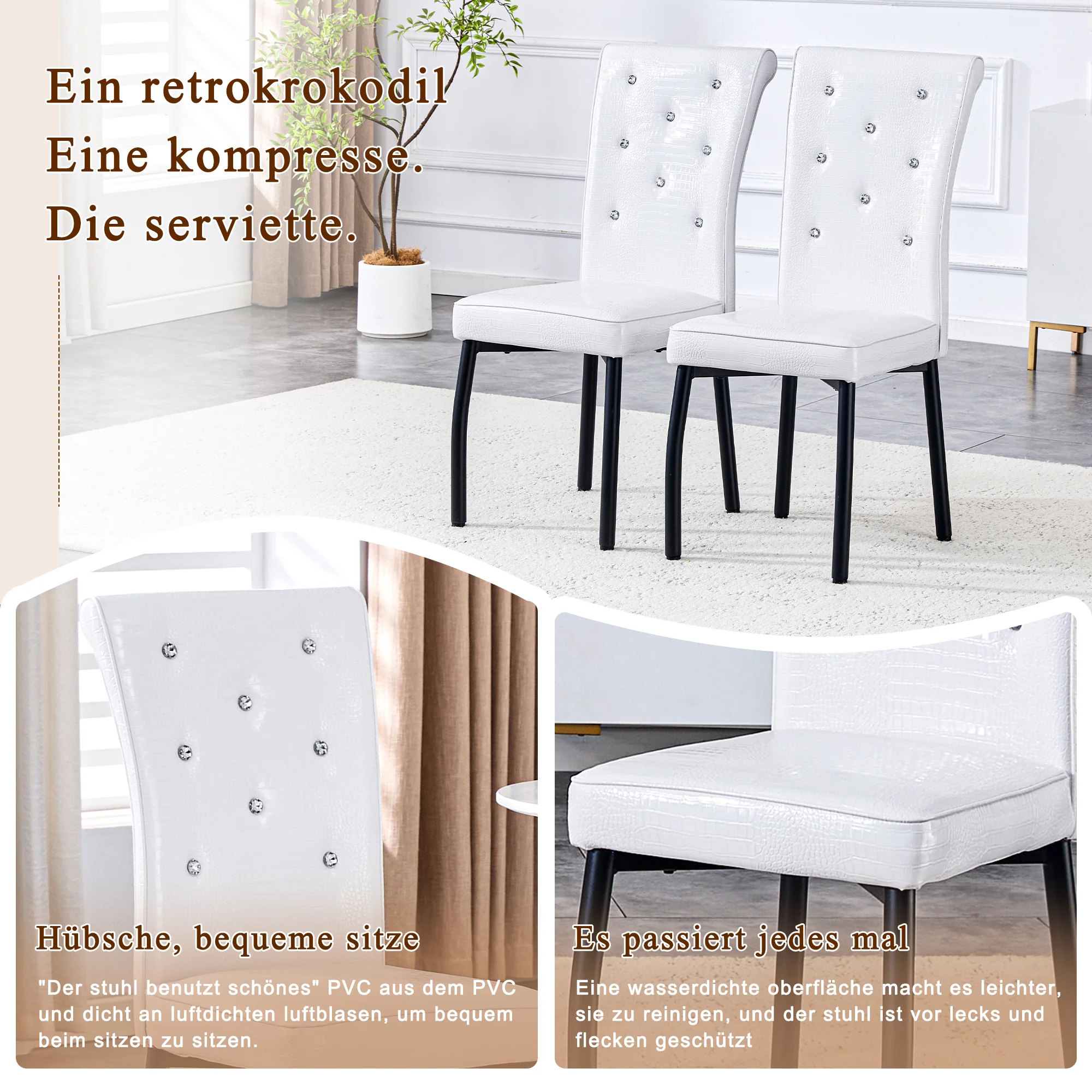 Set of 2 Dining Seats Soft Retro Crocodile Pattern Crystal Clasps White and Black Faux Leather - Image 8
