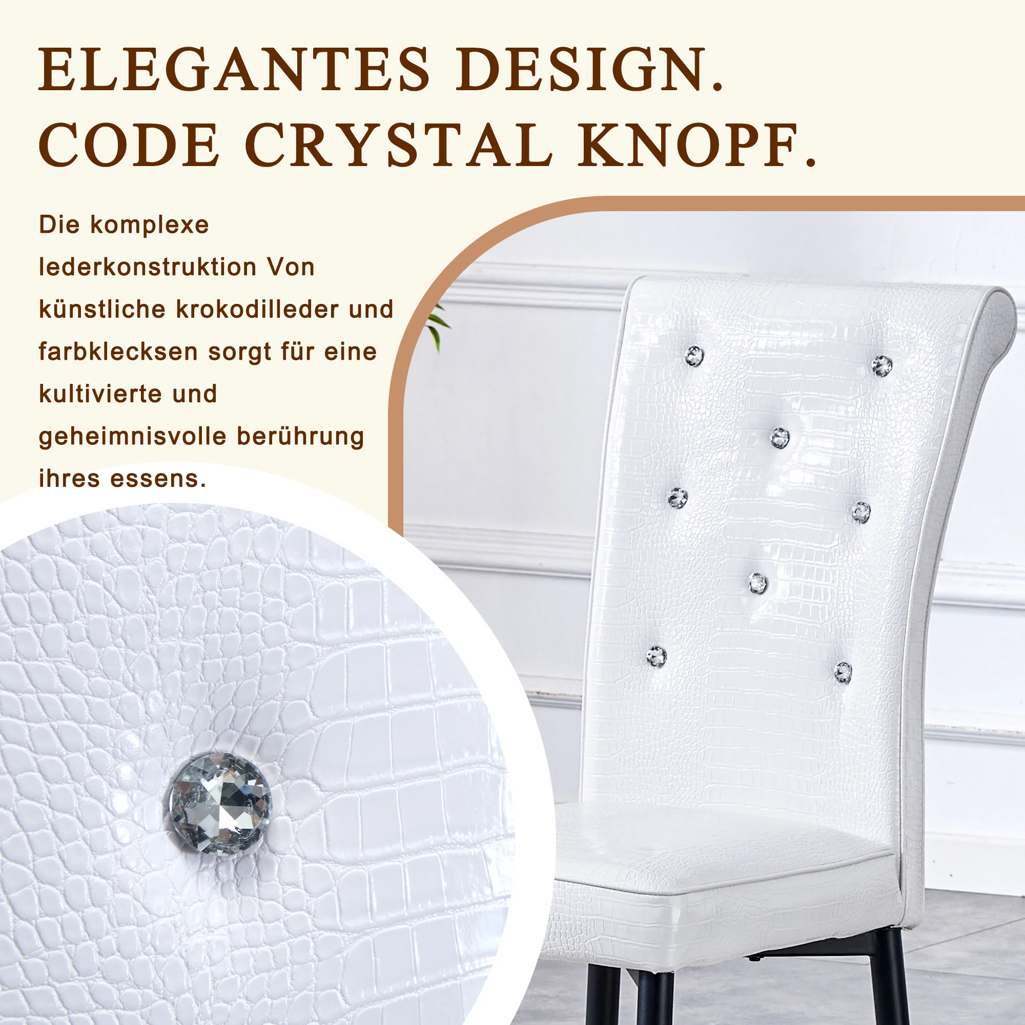 Set of 2 Dining Seats Soft Retro Crocodile Pattern Crystal Clasps White and Black Faux Leather - Image 9