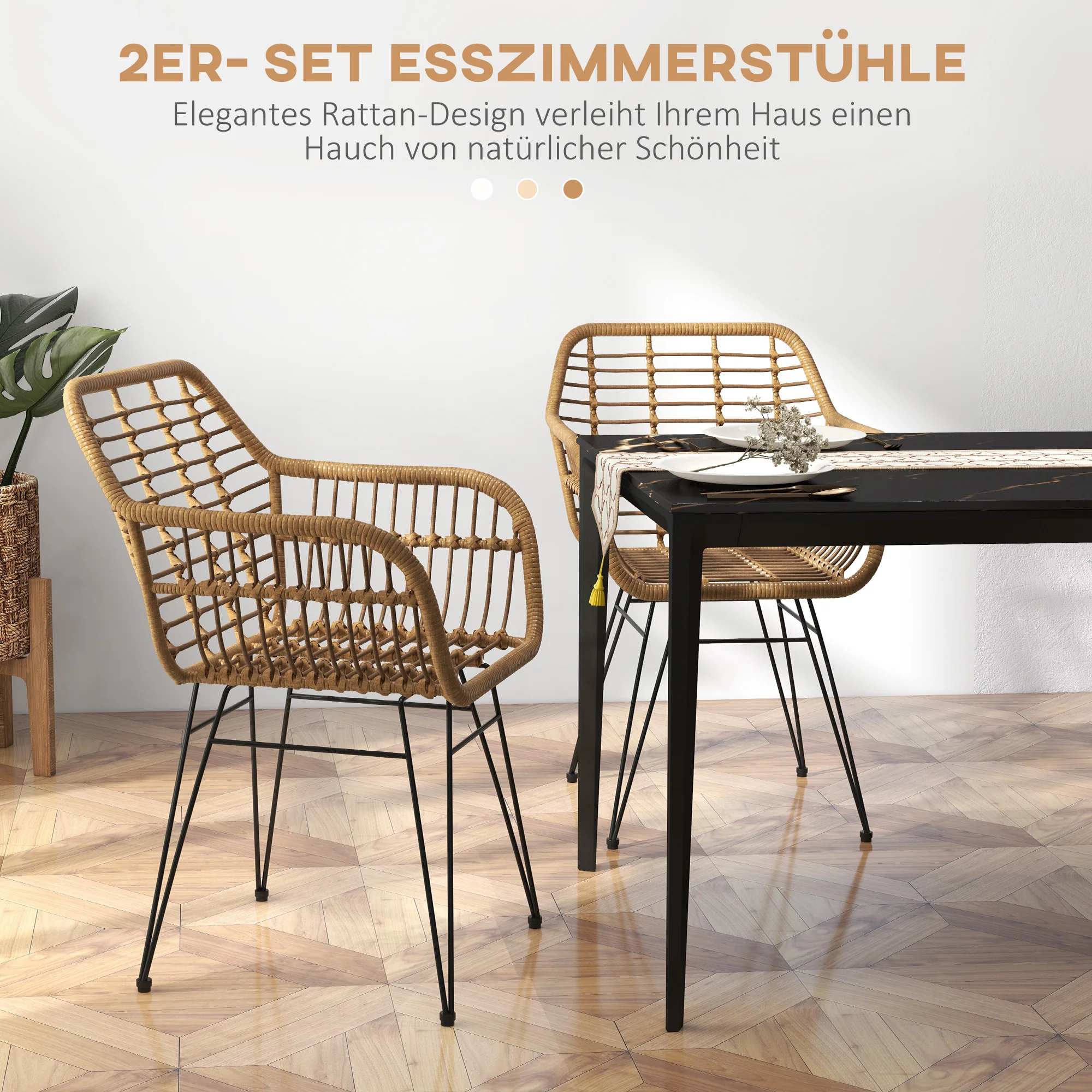 Set of 2 Kitchen Chairs Boho Style PE Rattan - Natural/Black - Image 4