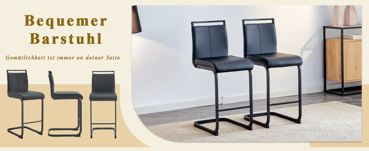 Set of 2 Nordic Bar Stools Faux Leather Metal Legs - Black - Image 10