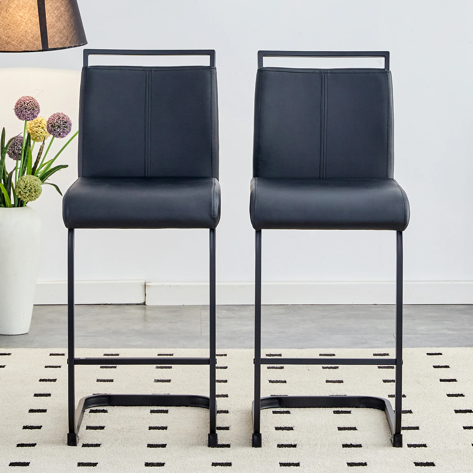 Set of 2 Nordic Bar Stools Faux Leather Metal Legs - Black - Image 4