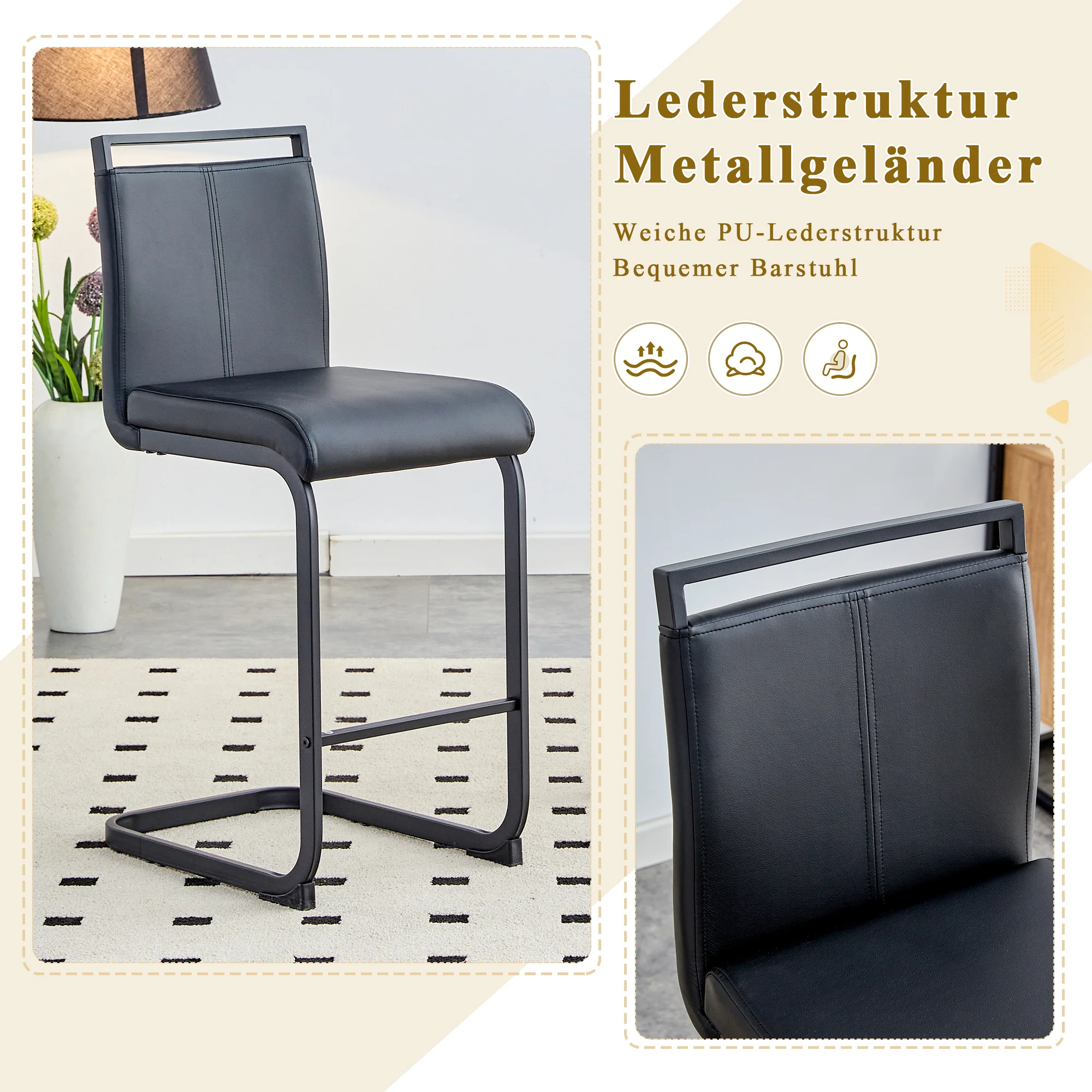 Set of 2 Nordic Bar Stools Faux Leather Metal Legs - Black - Image 6