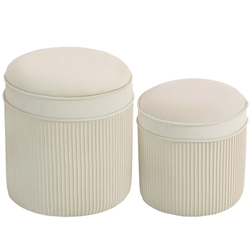 Set of 2 Ottomans with Lids Round Storage Velvet Look - Cream White - Image 2