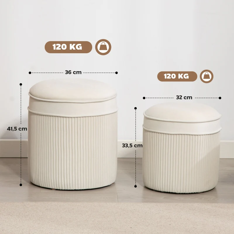 Set of 2 Ottomans with Lids Round Storage Velvet Look - Cream White - Image 3