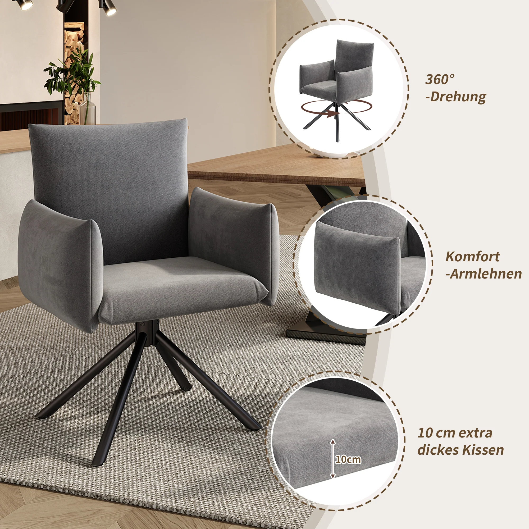 Set of 2 Swivel Chairs Upholstered Metal Legs Lumbar Support - Velvet Grey - Image 3