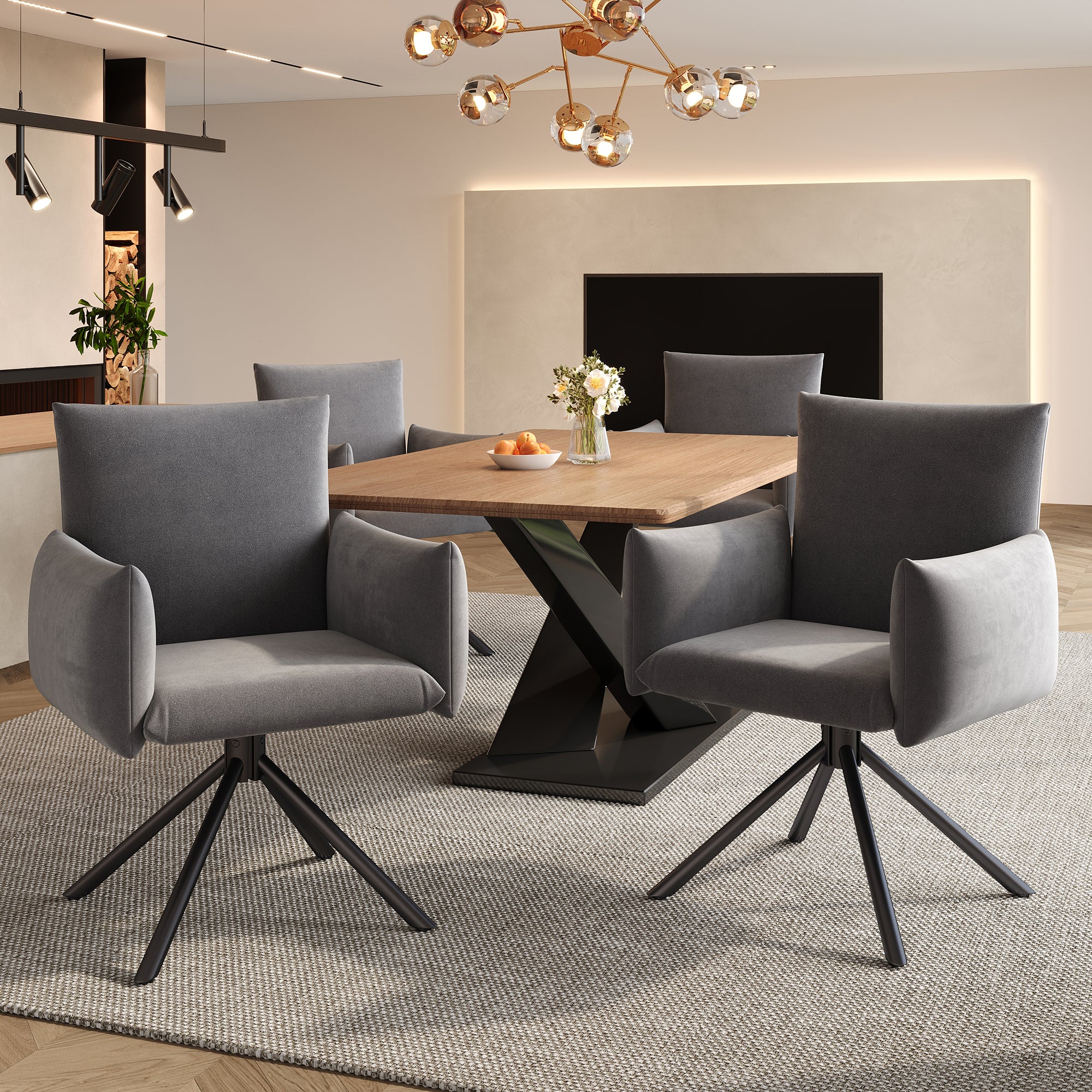 Set of 2 Swivel Chairs Upholstered Metal Legs Lumbar Support - Velvet Grey - Image 5