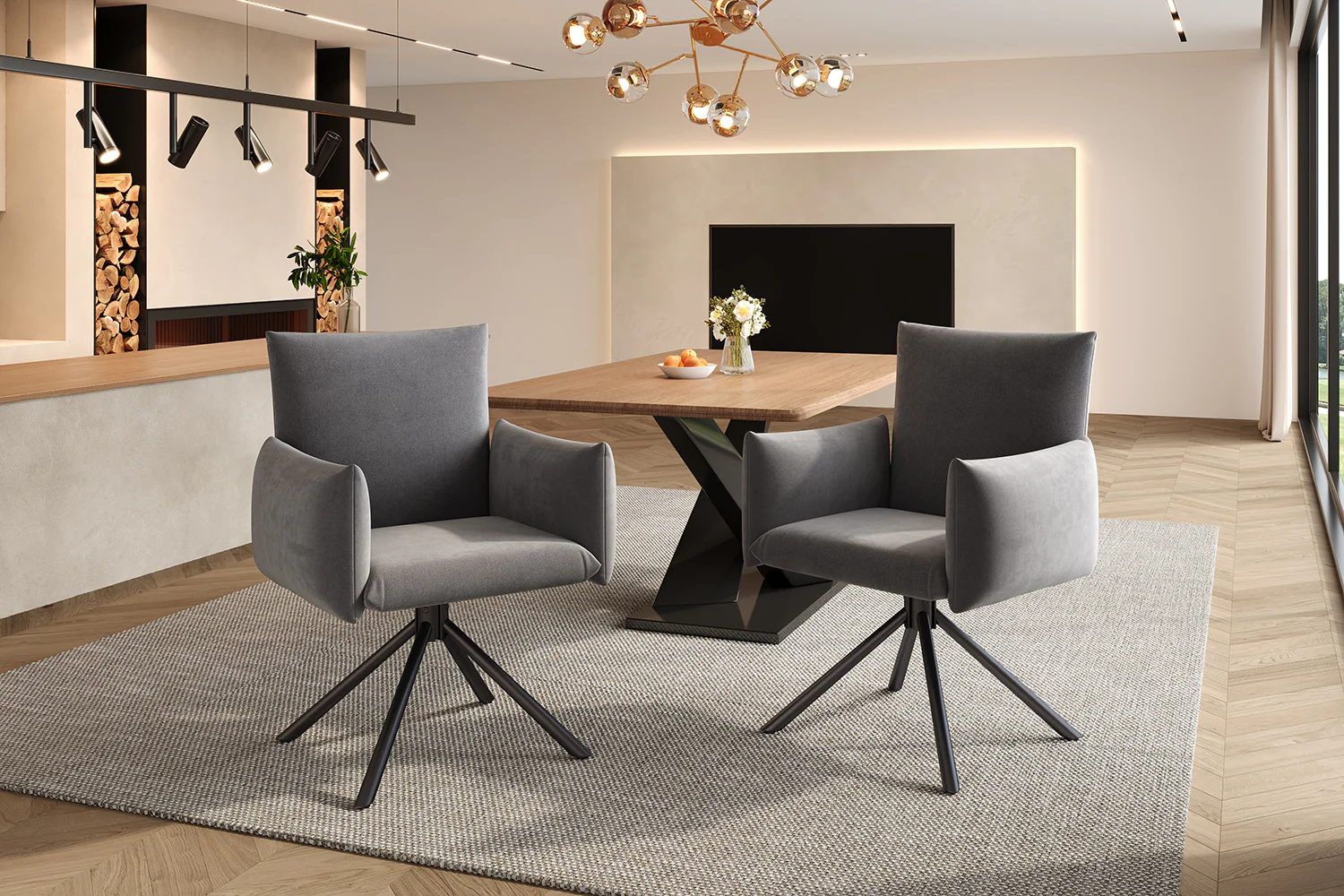 Set of 2 Swivel Chairs Upholstered Metal Legs Lumbar Support - Velvet Grey - Image 7