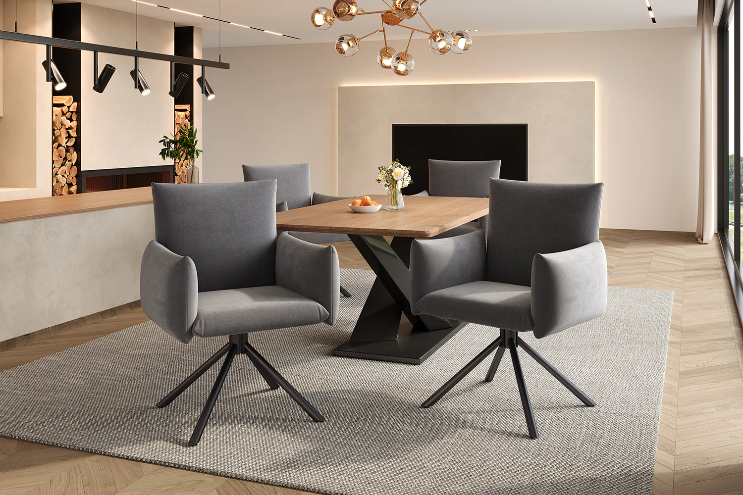 Set of 2 Swivel Chairs Upholstered Metal Legs Lumbar Support - Velvet Grey - Image 8