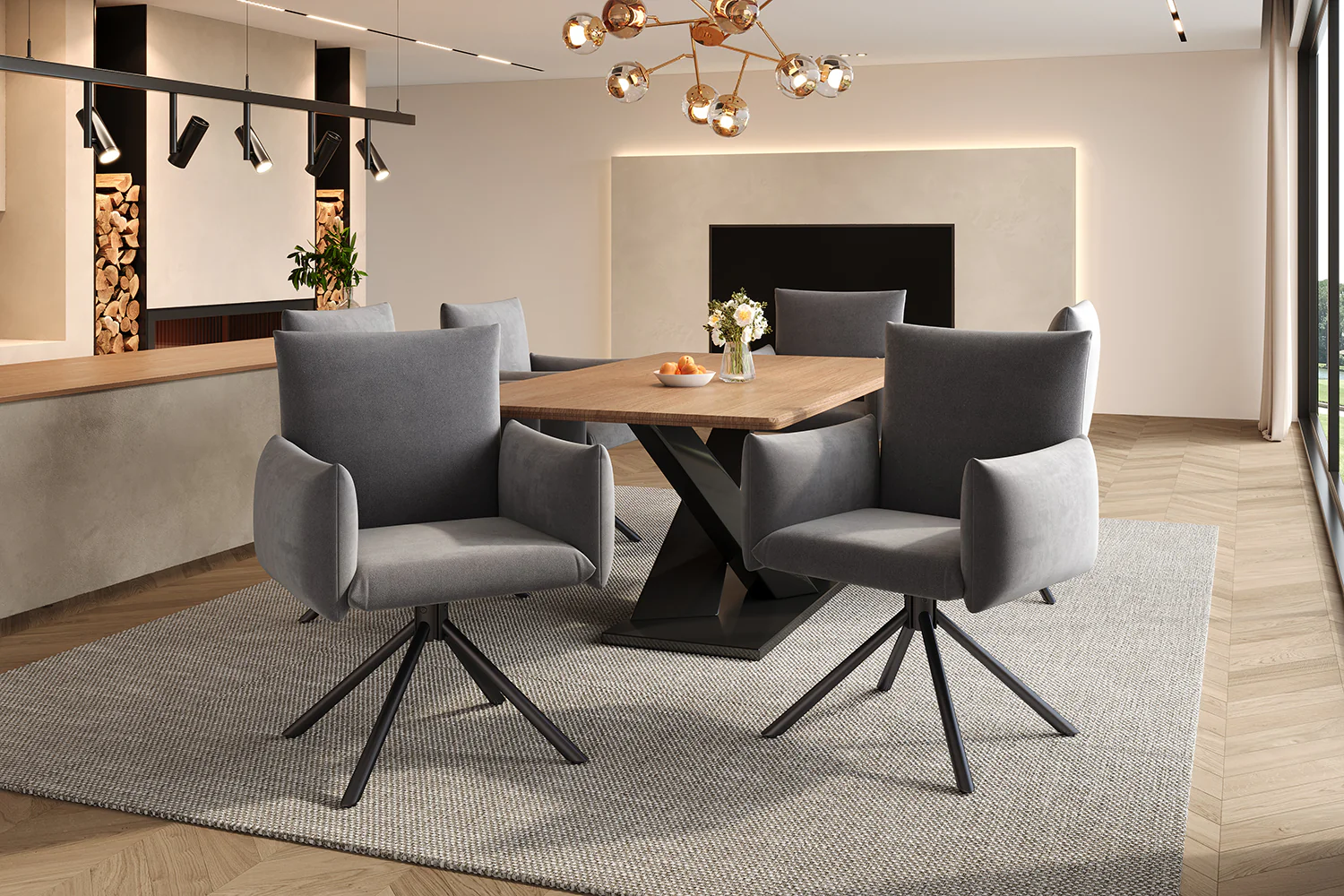 Set of 2 Swivel Chairs Upholstered Metal Legs Lumbar Support - Velvet Grey - Image 9