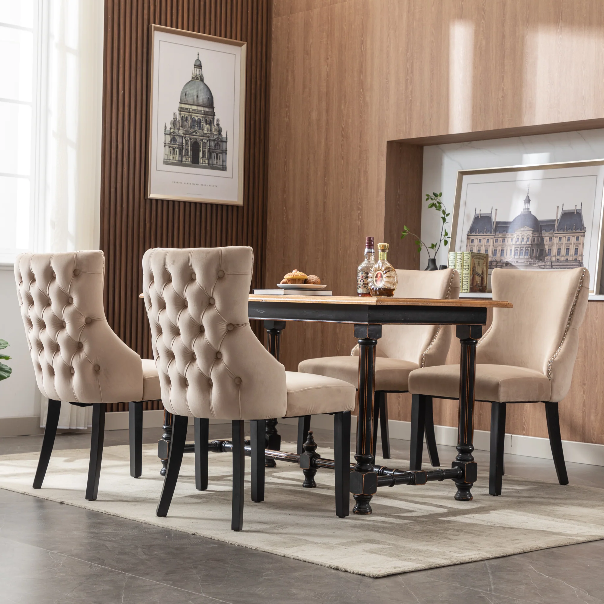 Set of 4 Dining Chairs Button Tufting Solid Wood Frame Beige Velvet - Image 2