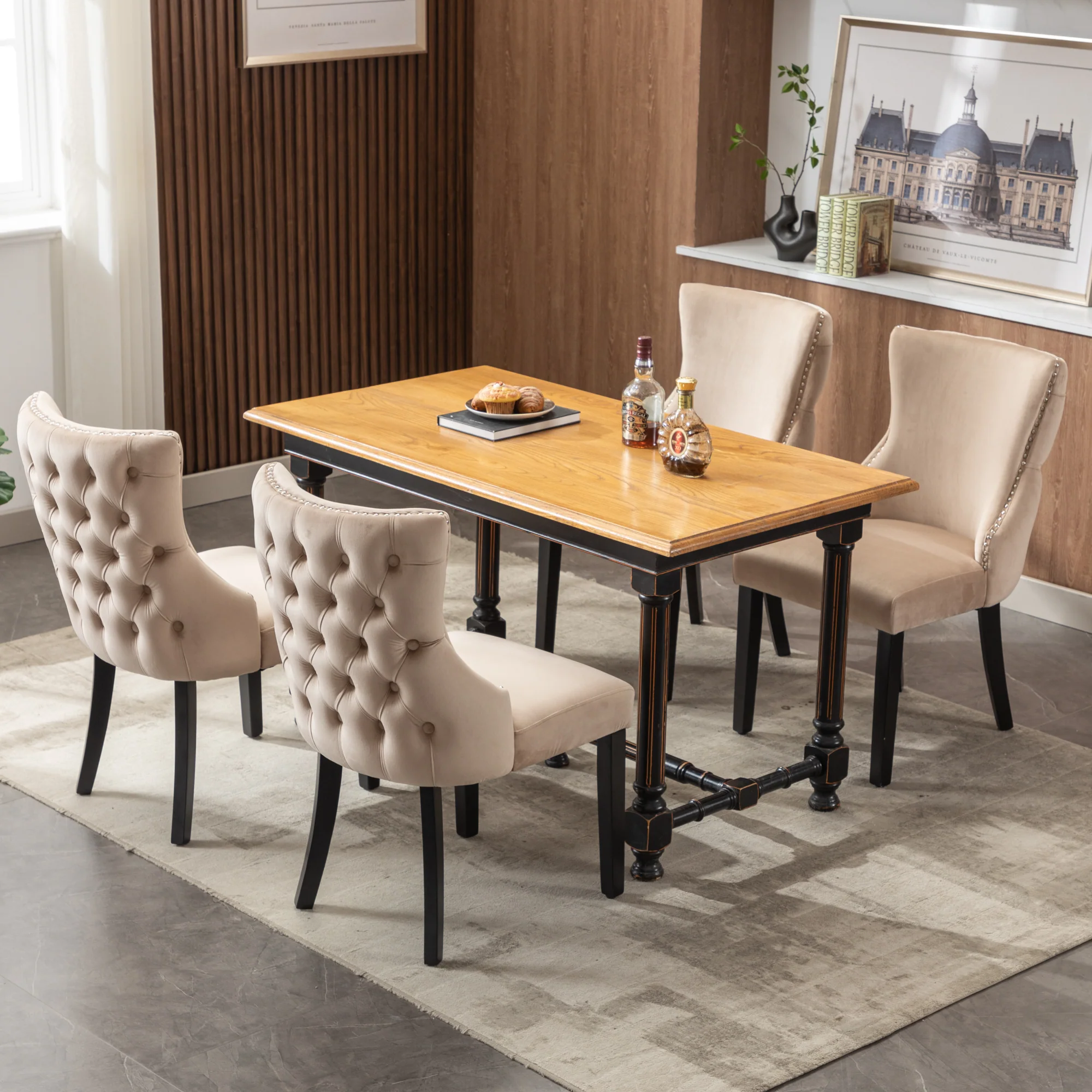 Set of 4 Dining Chairs Button Tufting Solid Wood Frame Beige Velvet - Image 3