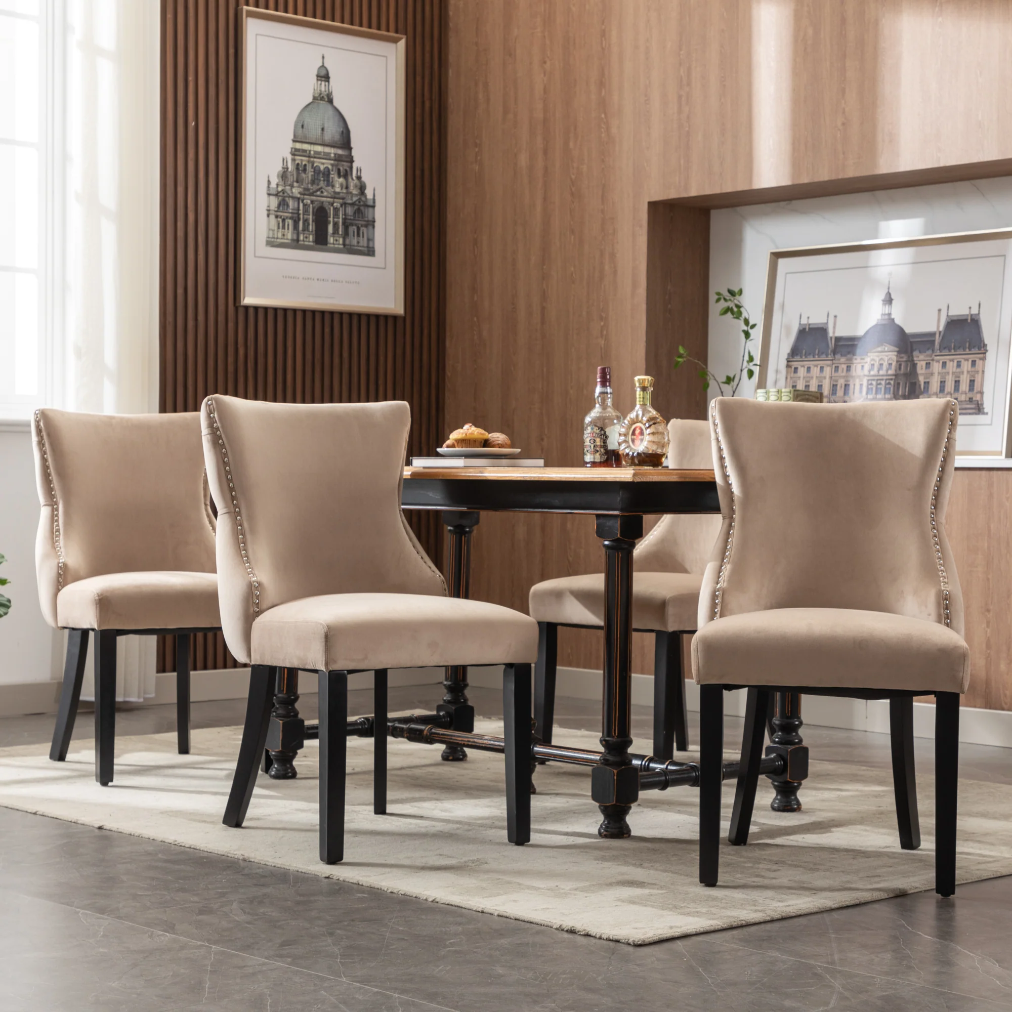 Set of 4 Dining Chairs Button Tufting Solid Wood Frame Beige Velvet - Image 4
