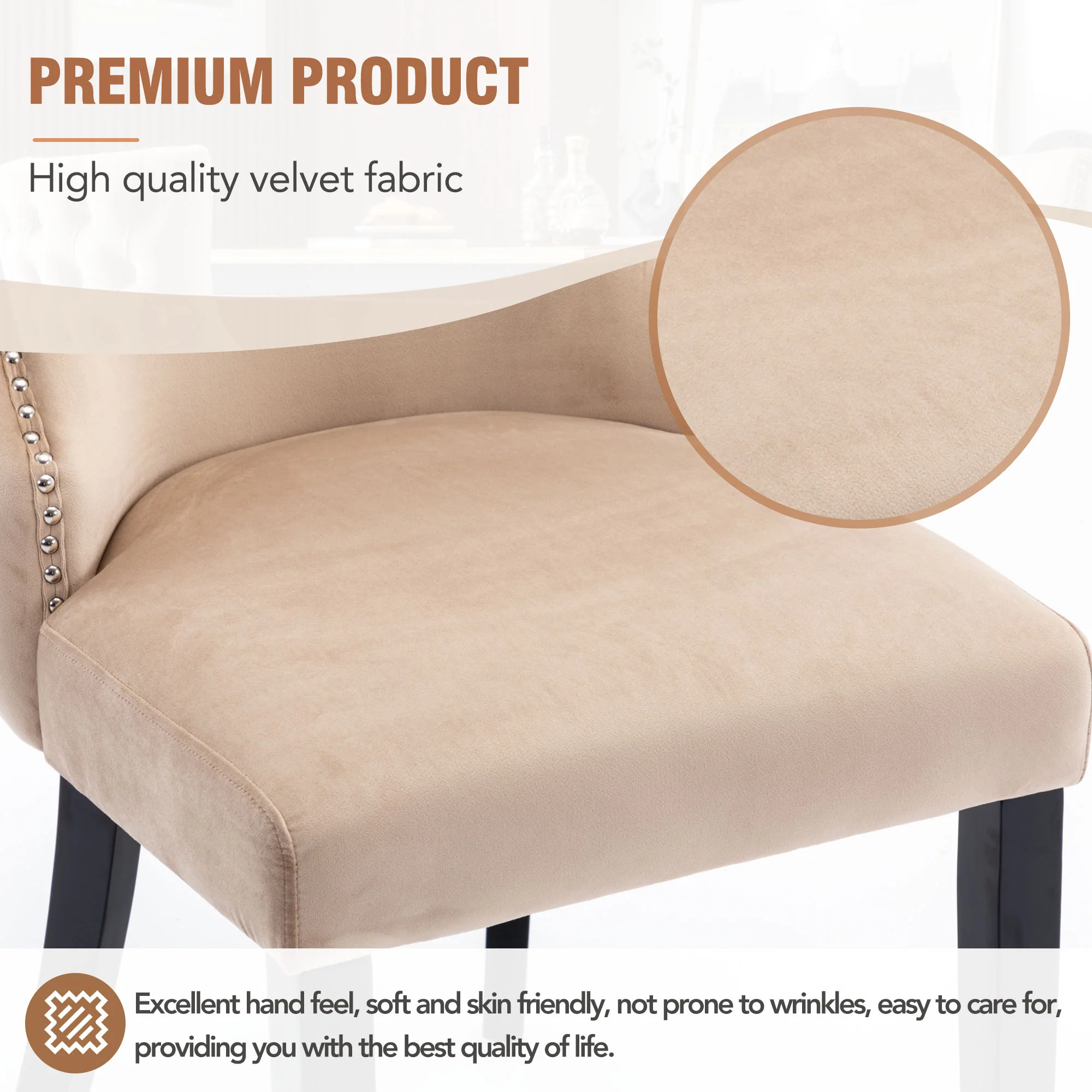Set of 4 Dining Chairs Button Tufting Solid Wood Frame Beige Velvet - Image 9