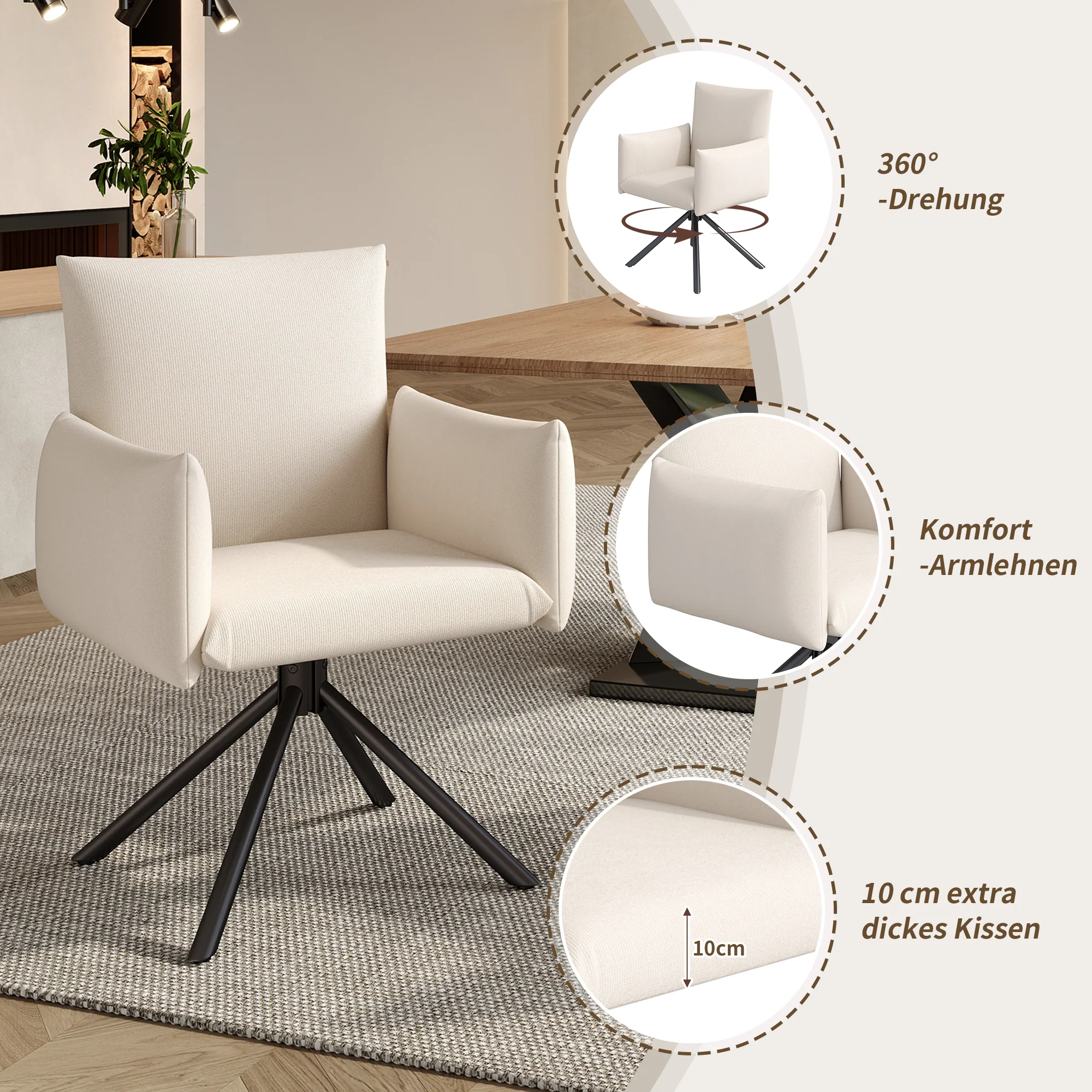 Set of 4 Dining Chairs Upholstered 360° Swivel Metal Legs Lumbar Support - Linen Beige - Image 3