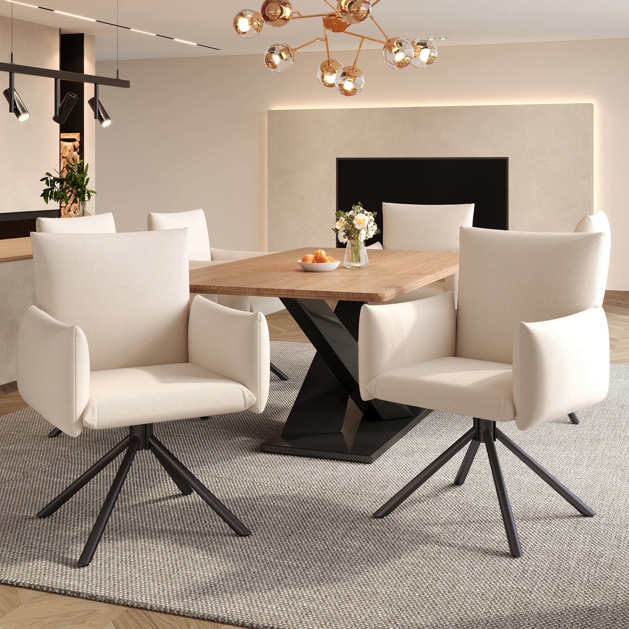 Set of 4 Dining Chairs Upholstered 360° Swivel Metal Legs Lumbar Support - Linen Beige - Image 5