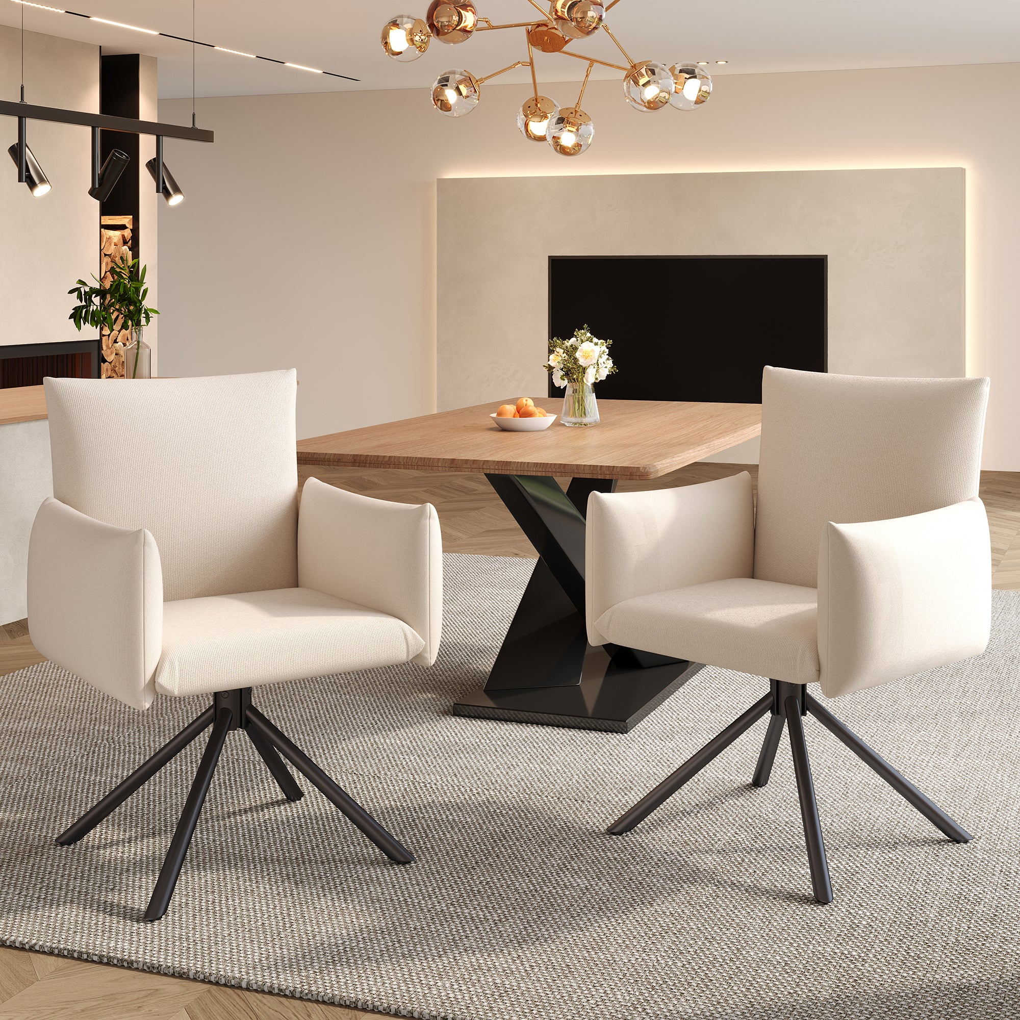 Set of 4 Dining Chairs Upholstered 360° Swivel Metal Legs Lumbar Support - Linen Beige - Image 6
