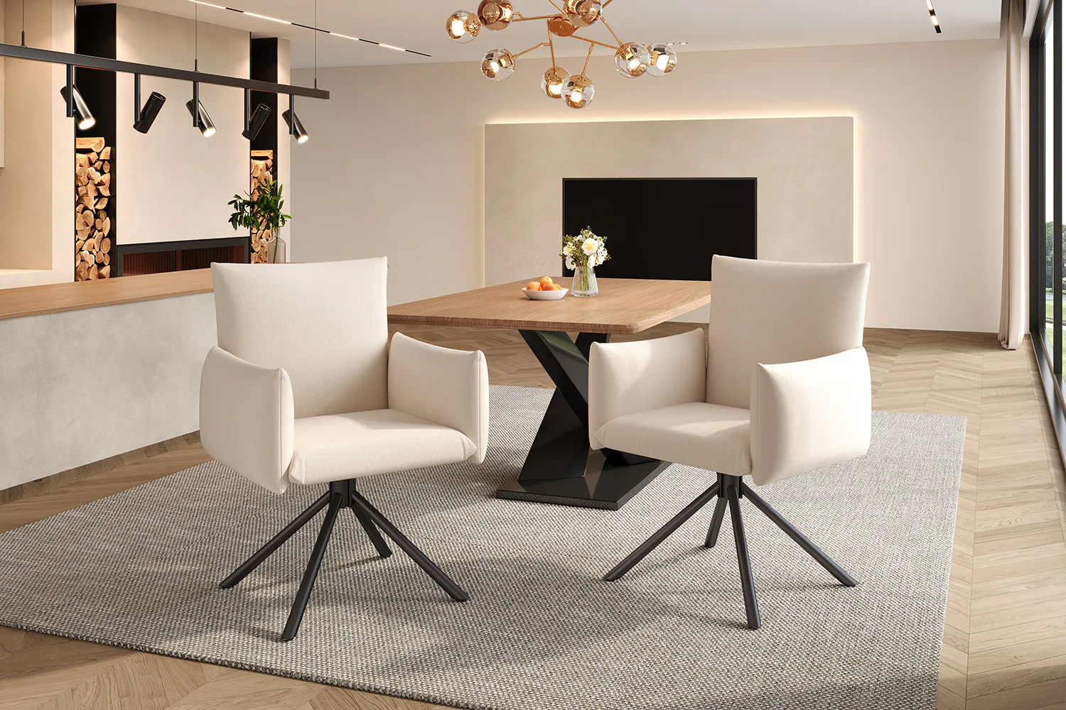 Set of 4 Dining Chairs Upholstered 360° Swivel Metal Legs Lumbar Support - Linen Beige - Image 7
