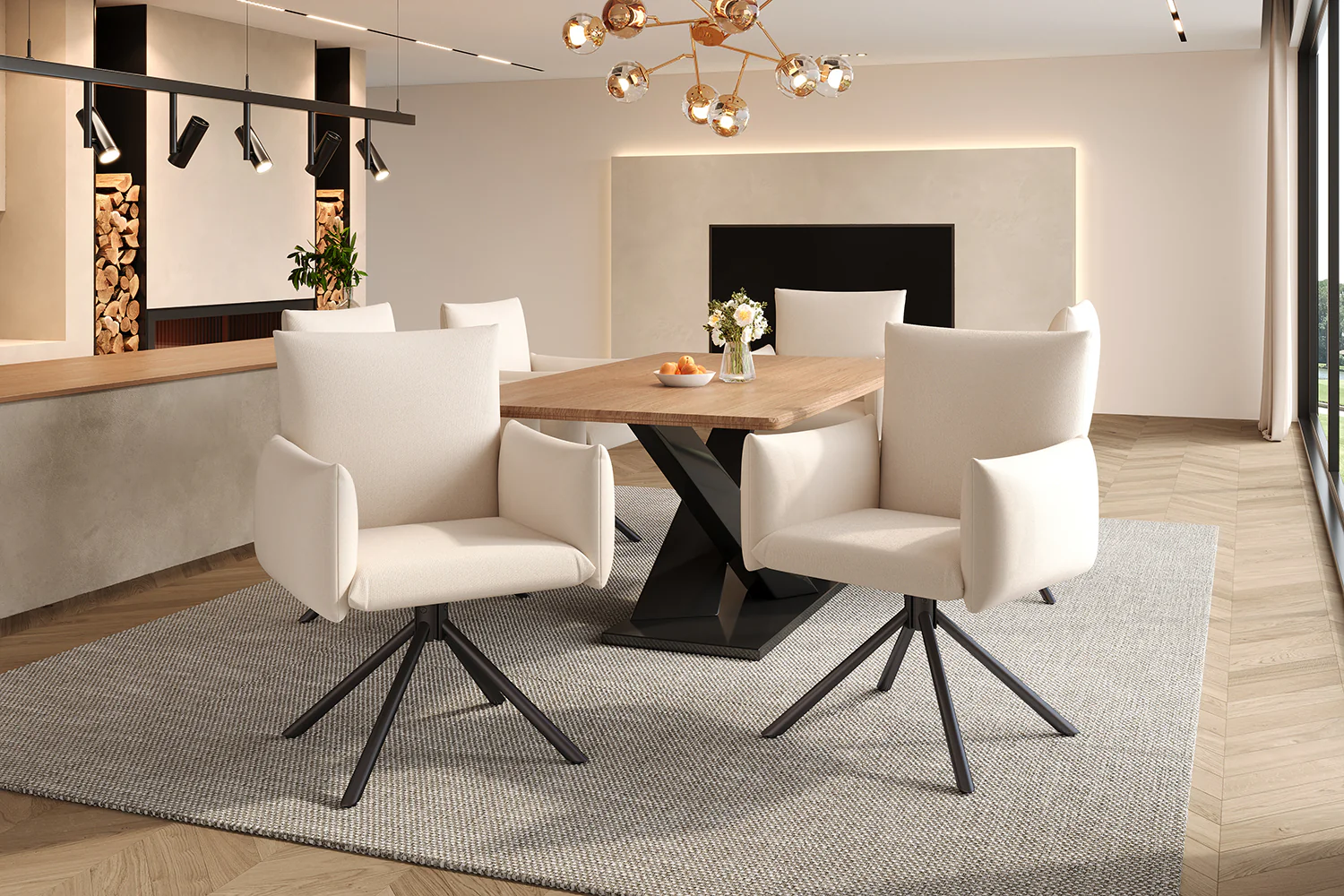 Set of 4 Dining Chairs Upholstered 360° Swivel Metal Legs Lumbar Support - Linen Beige - Image 9