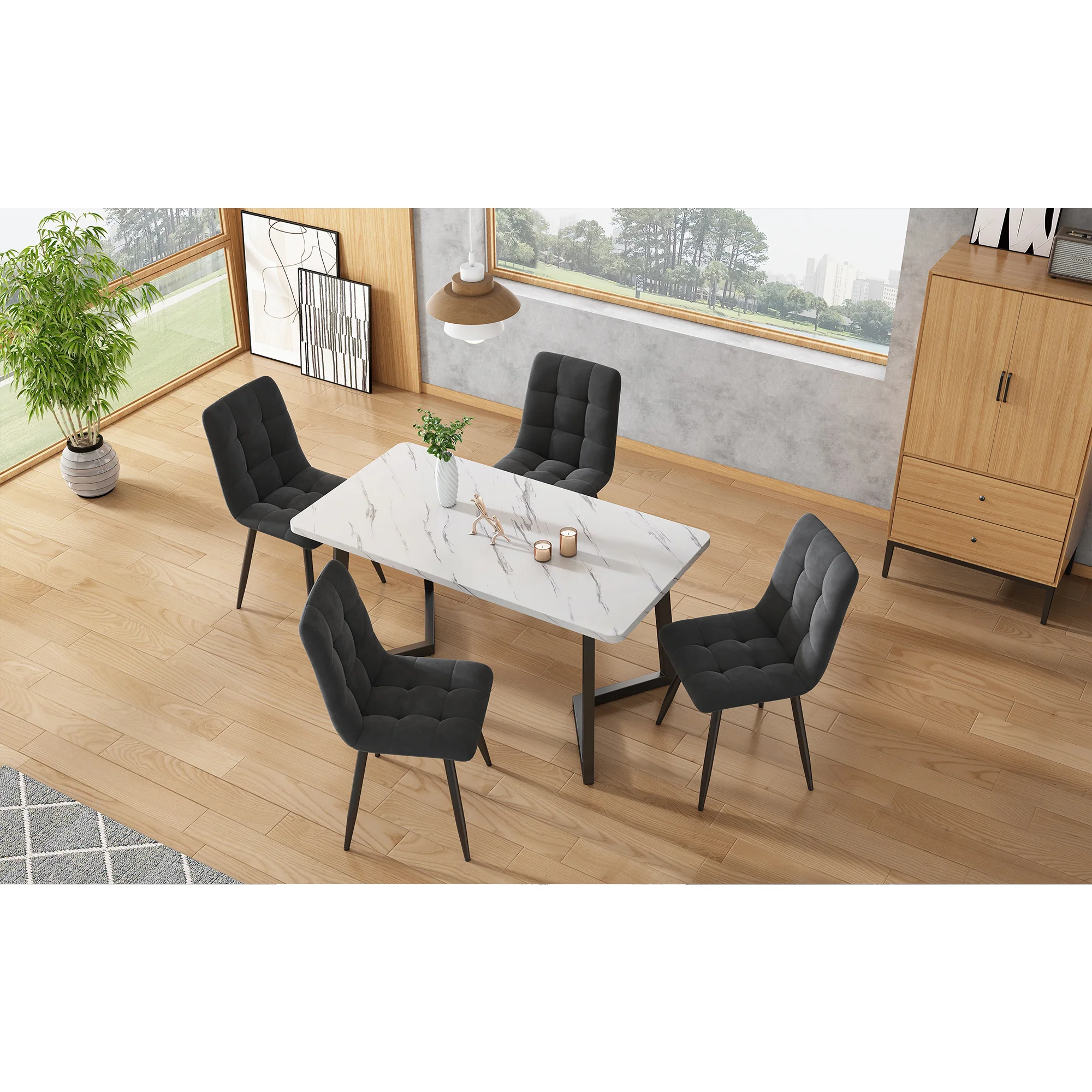 Set of 4 Dining Chairs Upholstered Designer Velvet Seat with Backrest Dark Grey Metal Frame - Image 2