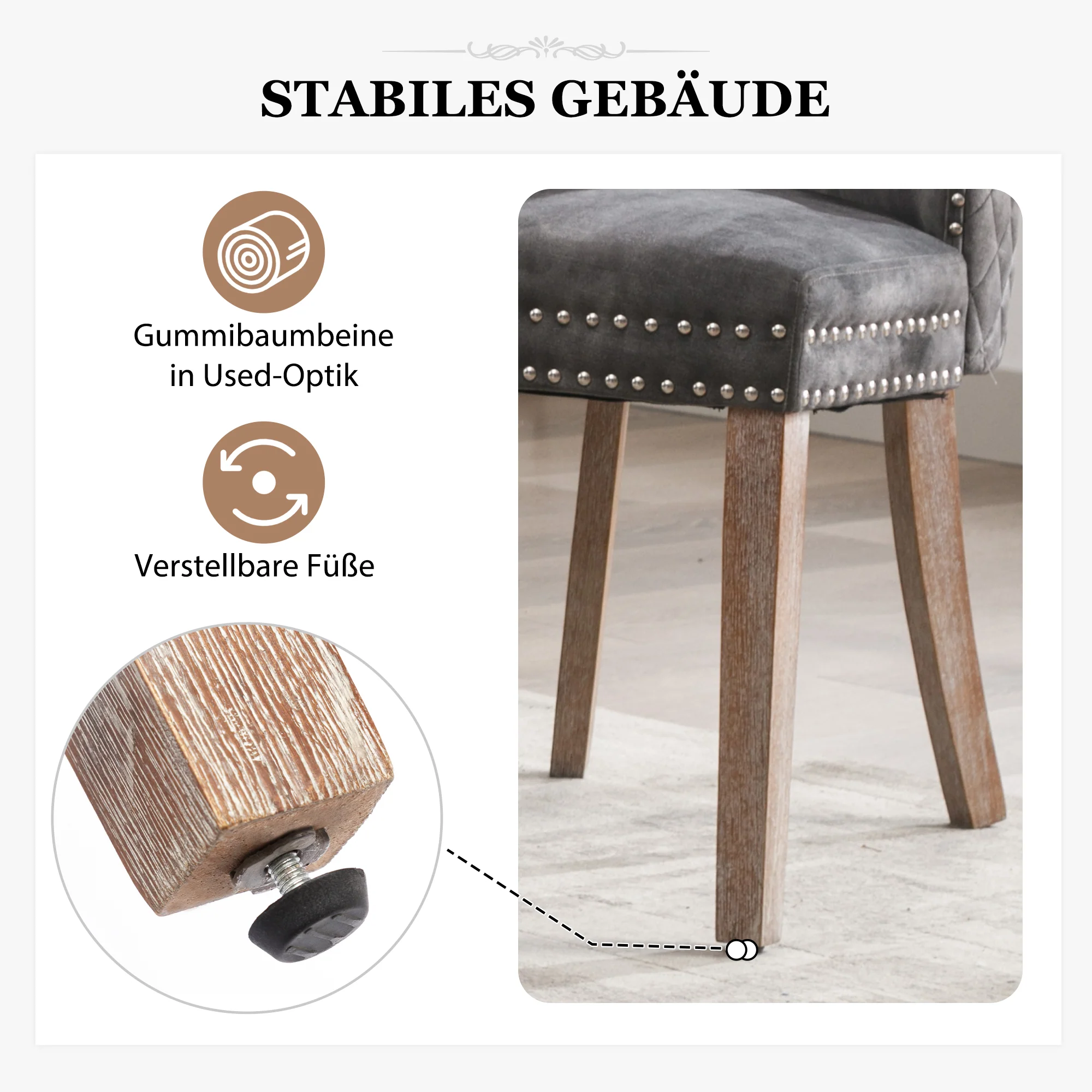 Set of 4 Dining Chairs Upholstered Door Knocker Back Solid Wood Grey Velvet - Image 10