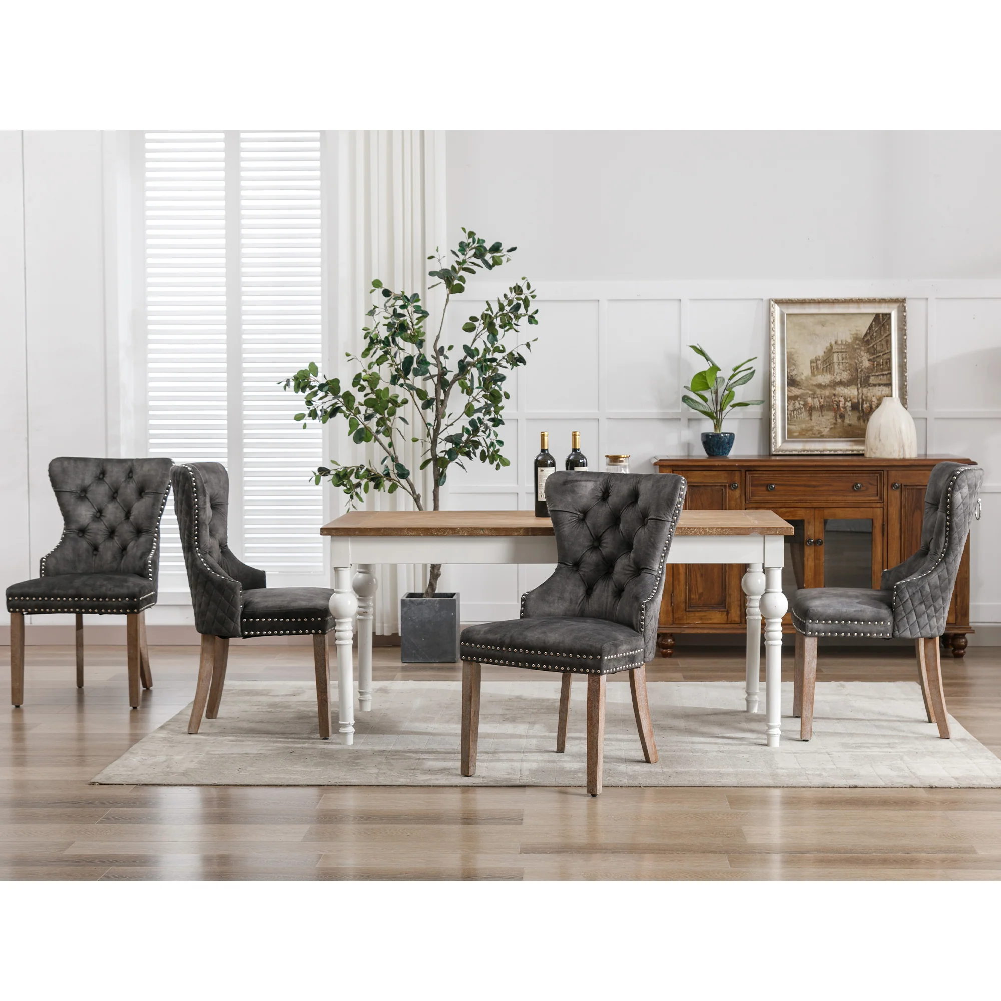 Set of 4 Dining Chairs Upholstered Door Knocker Back Solid Wood Grey Velvet - Image 2