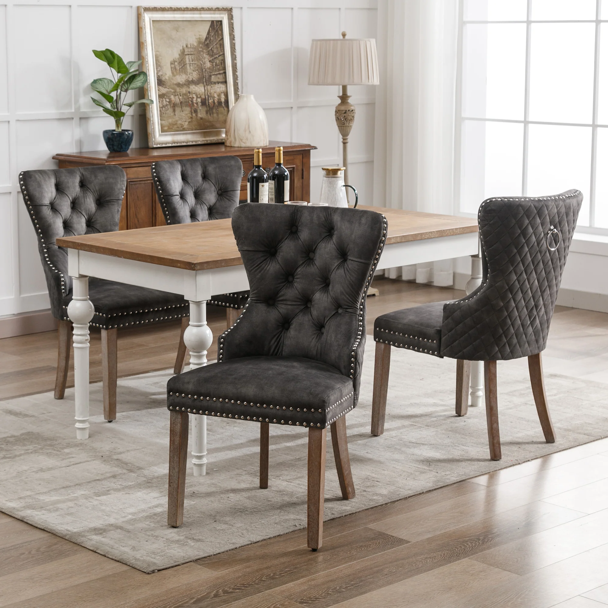 Set of 4 Dining Chairs Upholstered Door Knocker Back Solid Wood Grey Velvet - Image 3