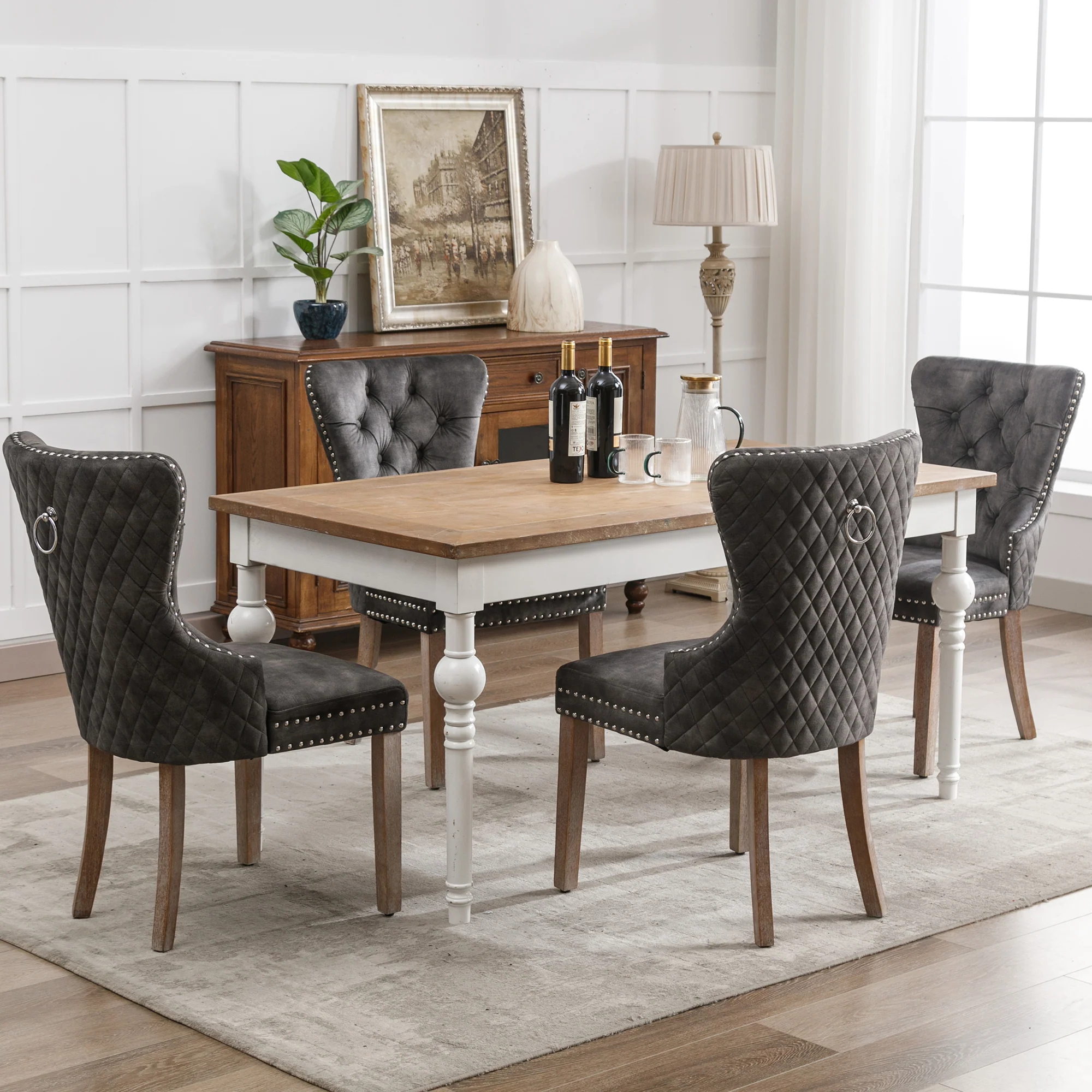 Set of 4 Dining Chairs Upholstered Door Knocker Back Solid Wood Grey Velvet - Image 4