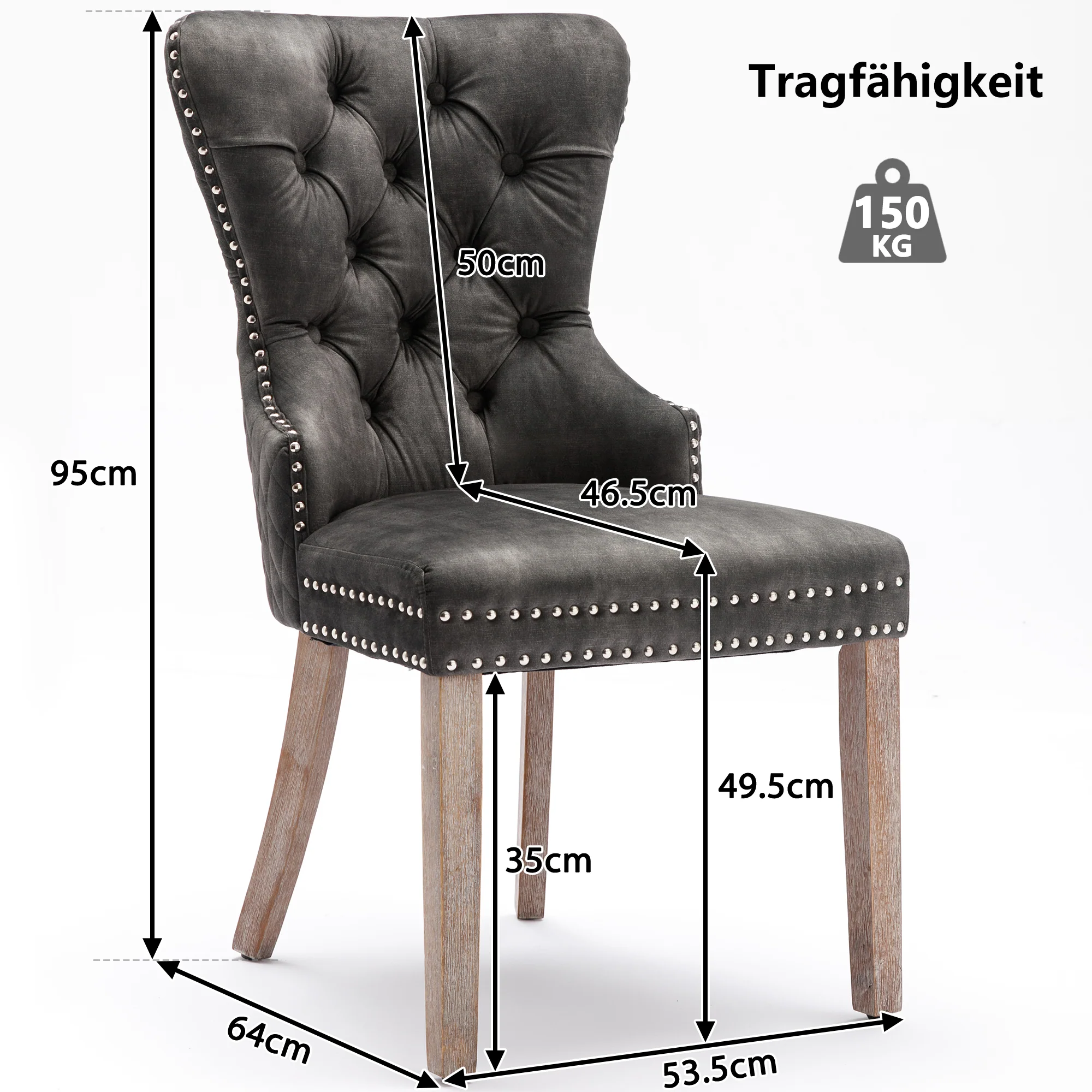 Set of 4 Dining Chairs Upholstered Door Knocker Back Solid Wood Grey Velvet - Image 5