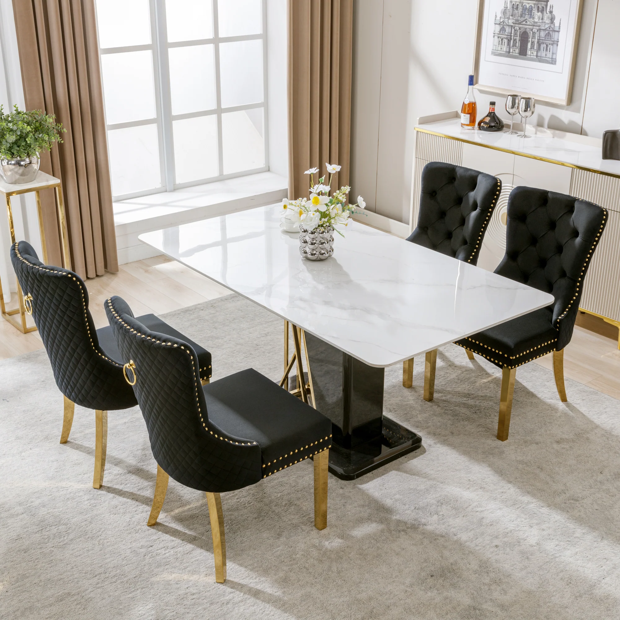 Set of 4 Dining Chairs Velvet Upholstered Round Pull Ring Nailhead Trim Black/Gold - Image 4