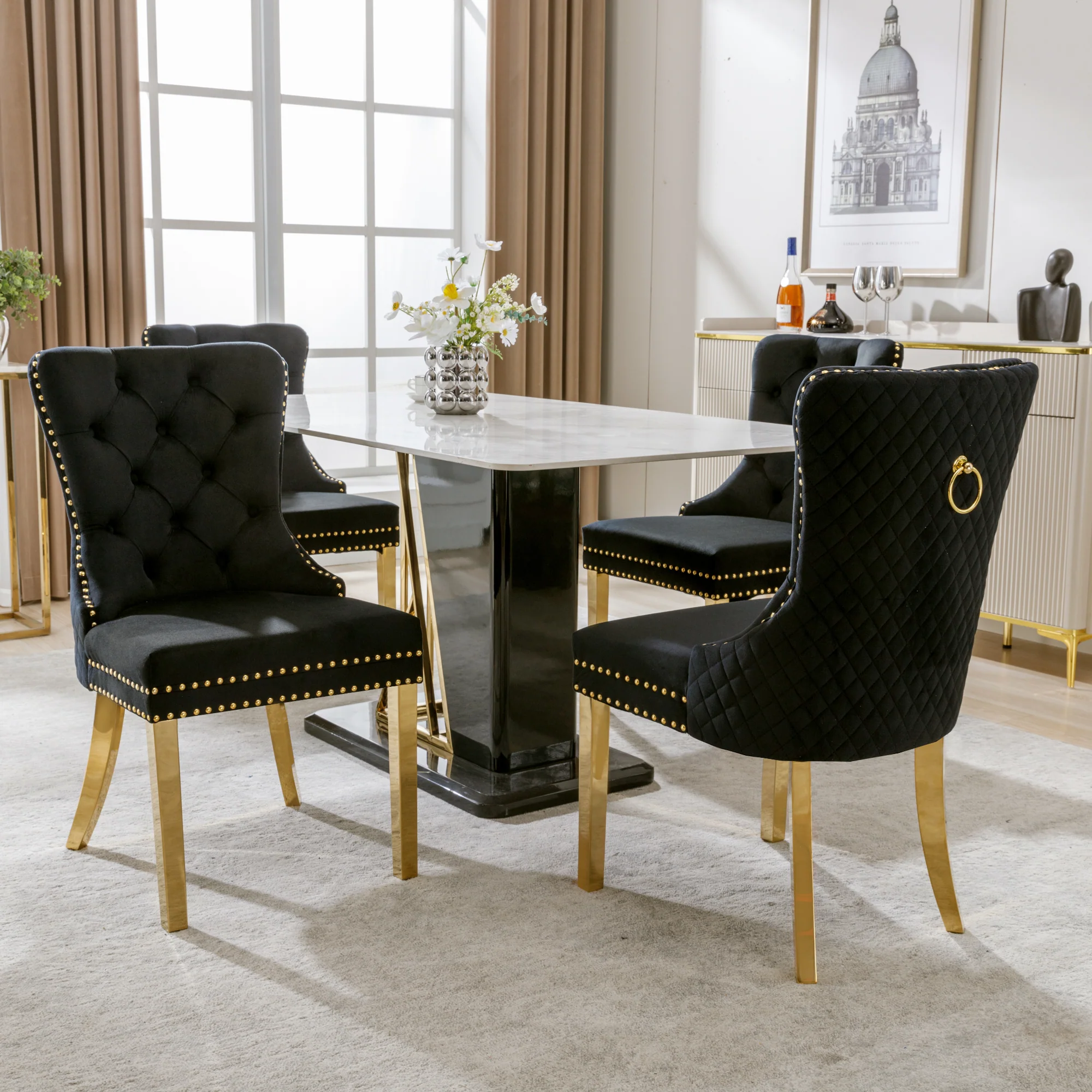 Set of 4 Dining Chairs Velvet Upholstered Round Pull Ring Nailhead Trim Black/Gold - Image 5