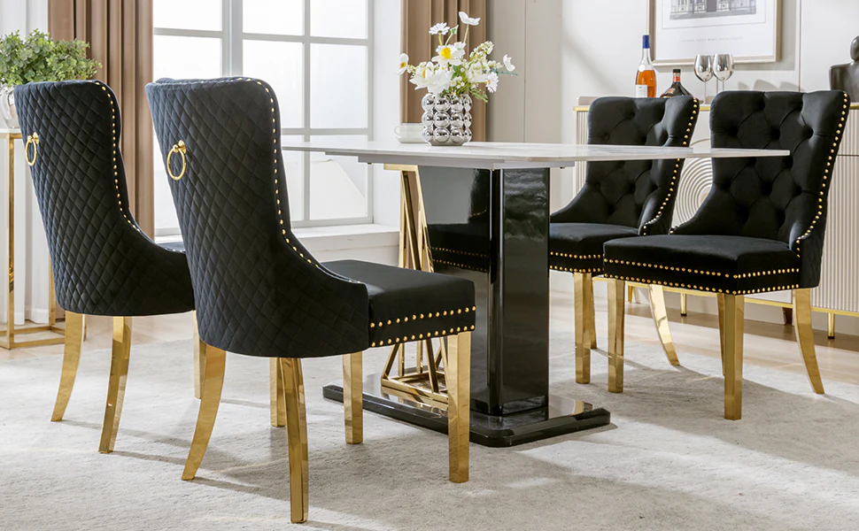 Set of 4 Dining Chairs Velvet Upholstered Round Pull Ring Nailhead Trim Black/Gold - Image 9