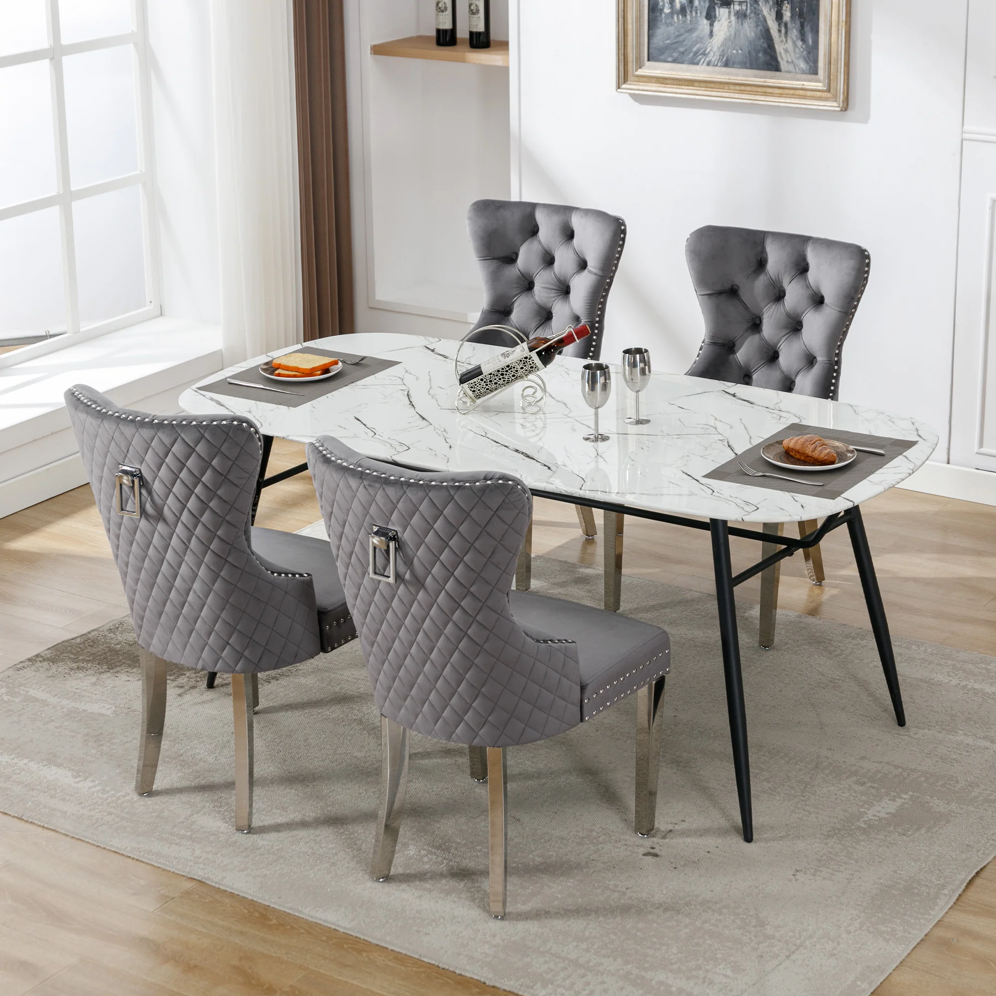 Set of 4 Upholstered Dining Chairs, Door Knocker Back, Metal Legs, Grey Velvet - Image 2