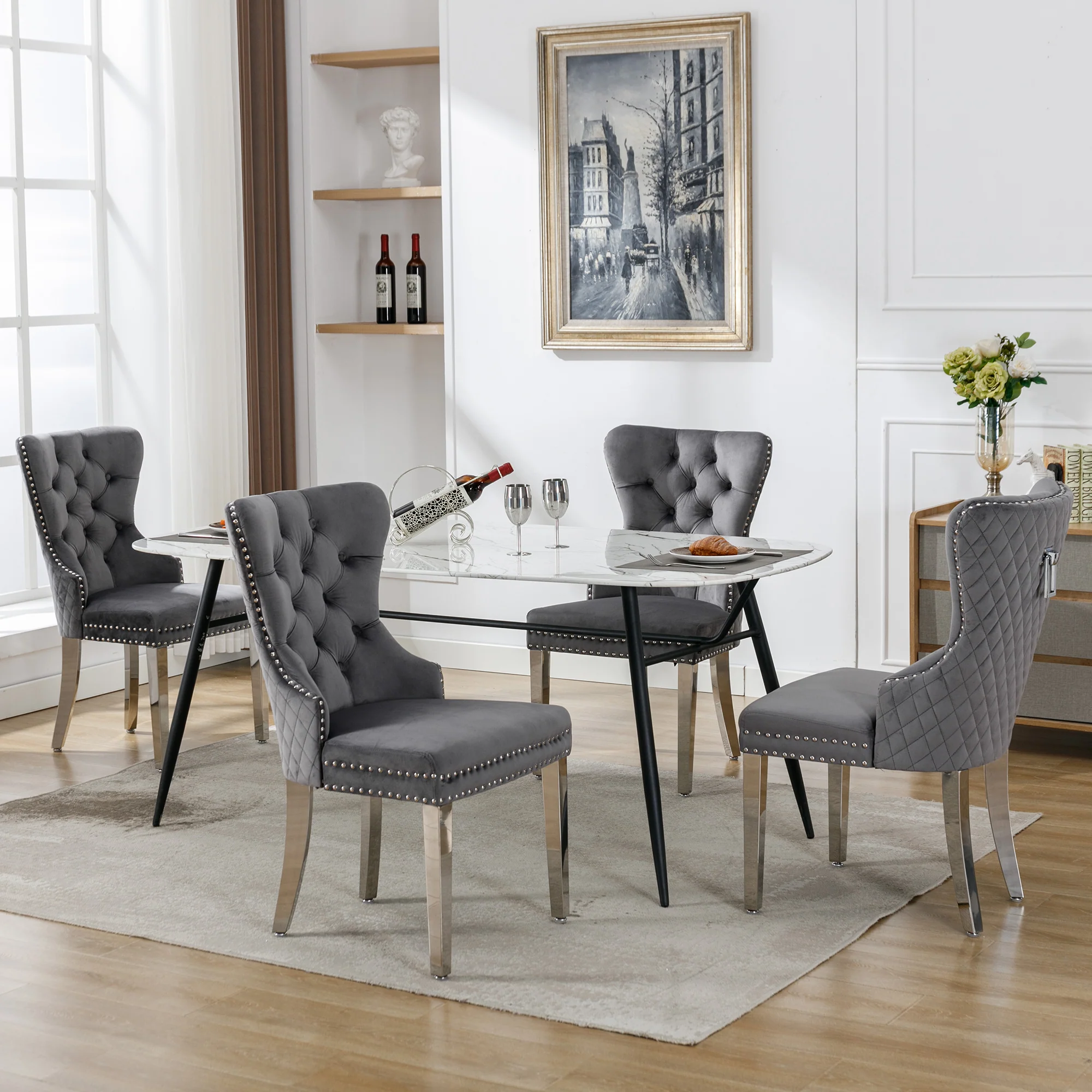 Set of 4 Upholstered Dining Chairs, Door Knocker Back, Metal Legs, Grey Velvet - Image 4