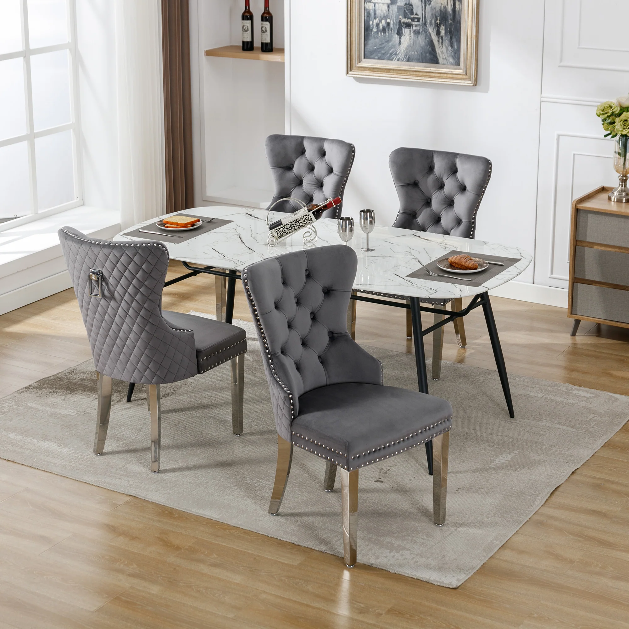 Set of 4 Upholstered Dining Chairs, Door Knocker Back, Metal Legs, Grey Velvet - Image 5