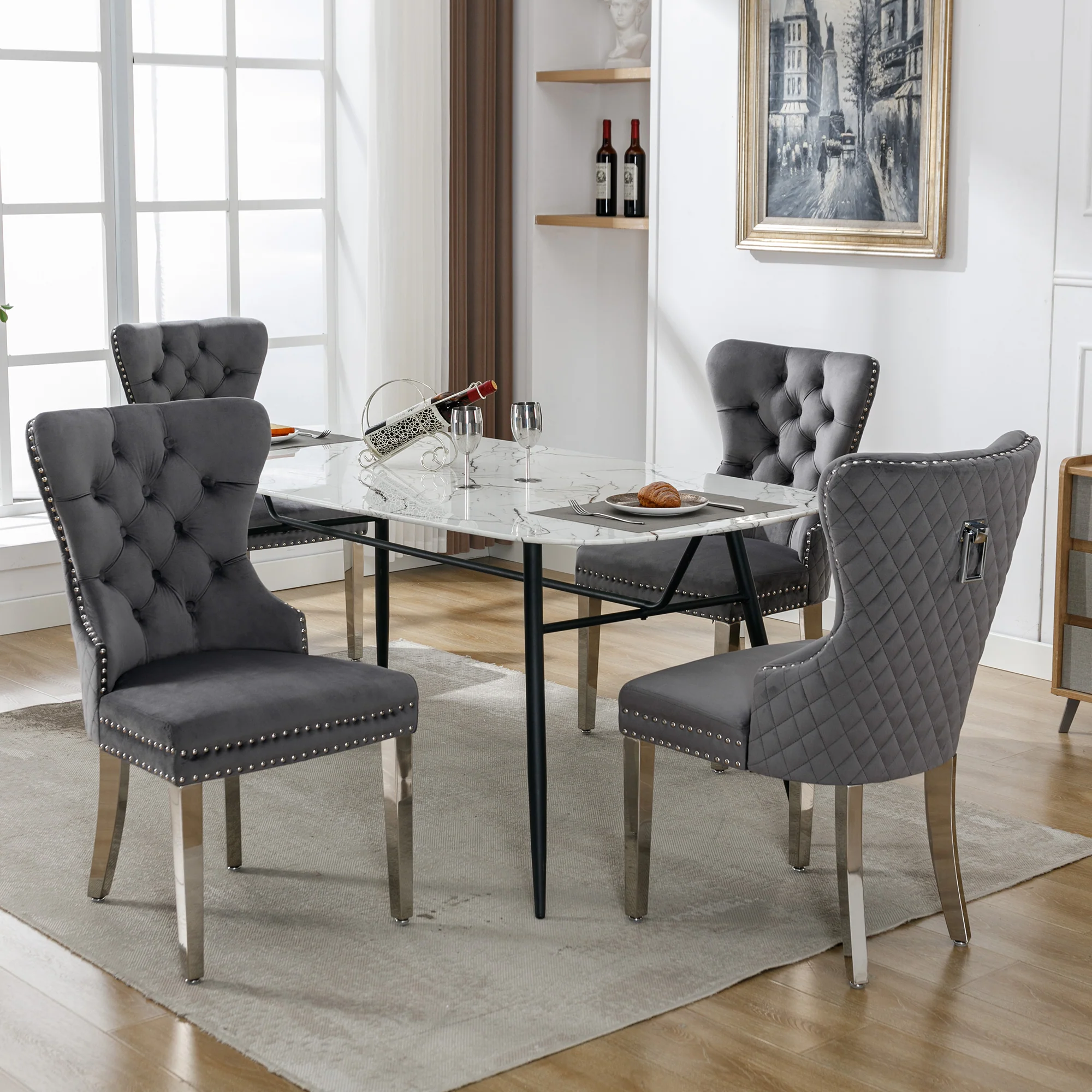 Set of 4 Upholstered Dining Chairs, Door Knocker Back, Metal Legs, Grey Velvet - Image 6