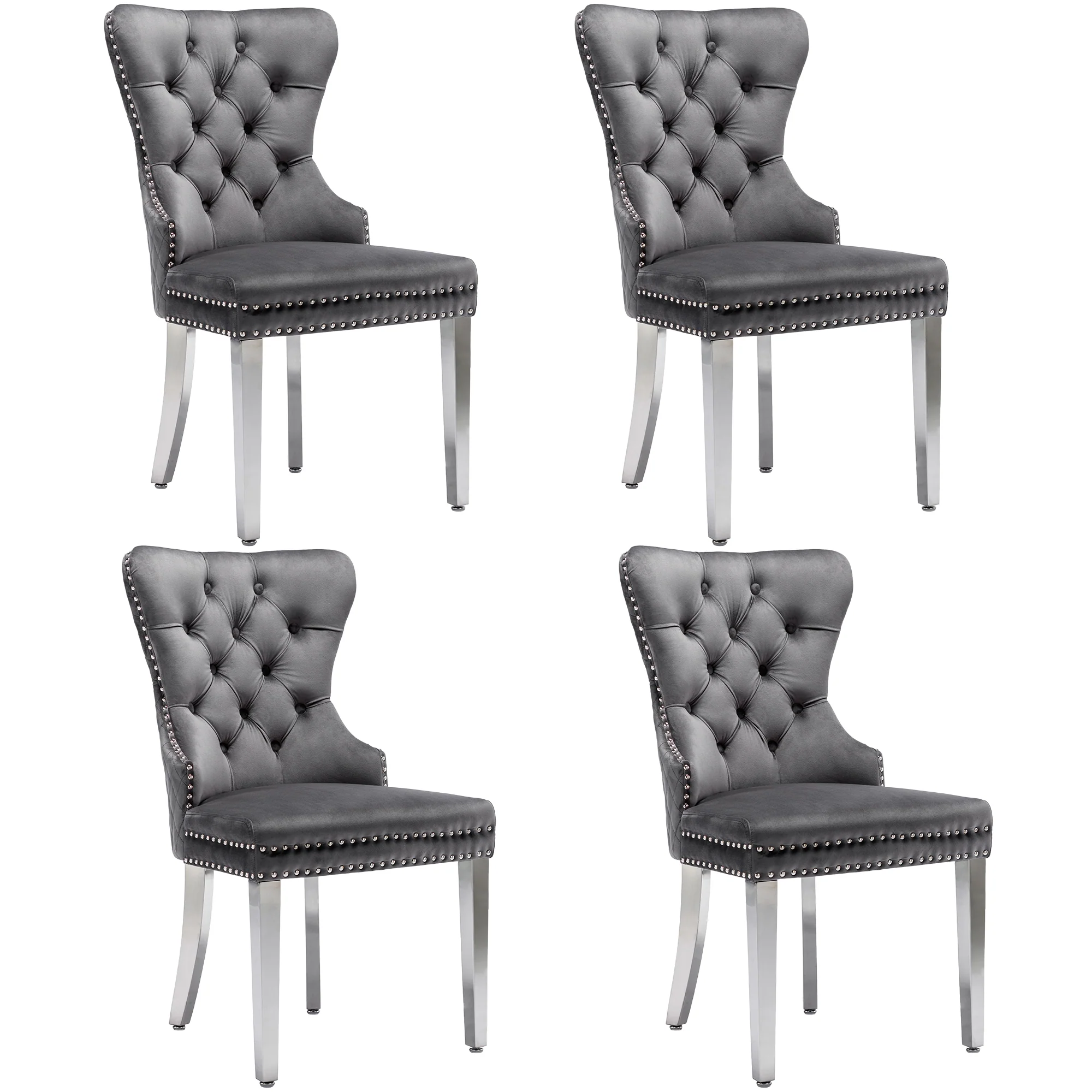 Set of 4 Upholstered Dining Chairs, Door Knocker Back, Metal Legs, Grey Velvet - Image 7