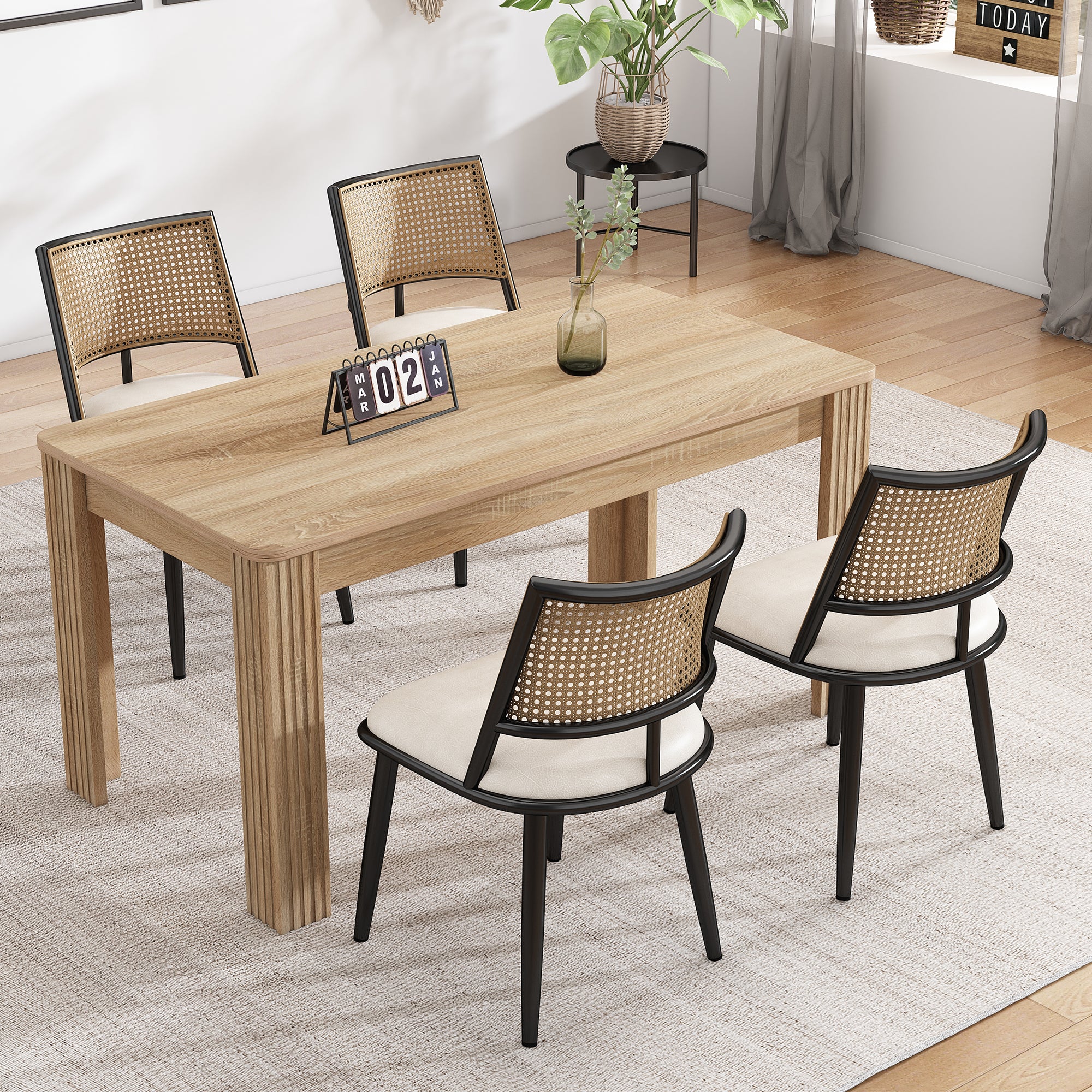 Set of 6 Dining Chairs Rattan Backrest PU Seat Black - Image 3