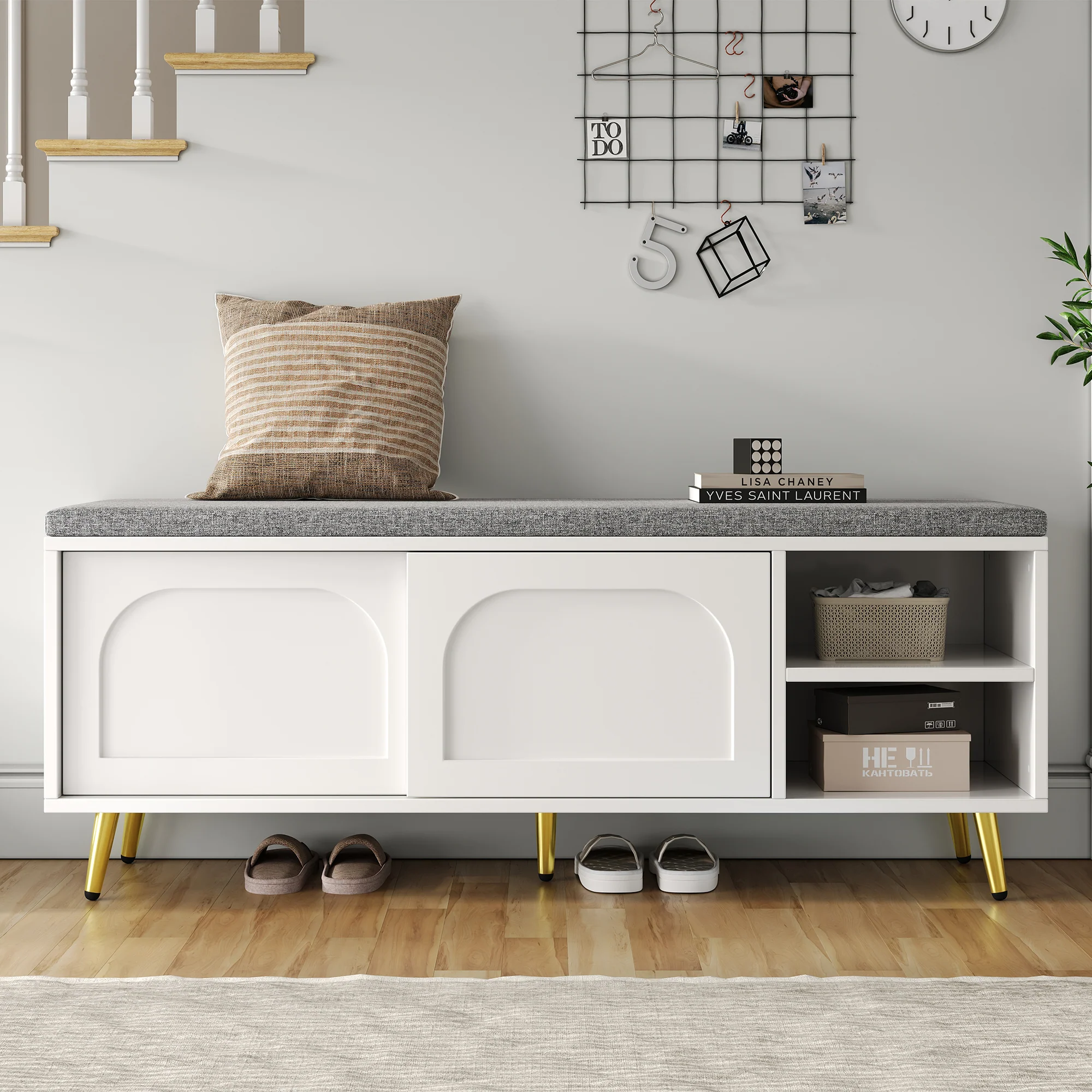 Shoe Bench Storage with Seat Cushion - White