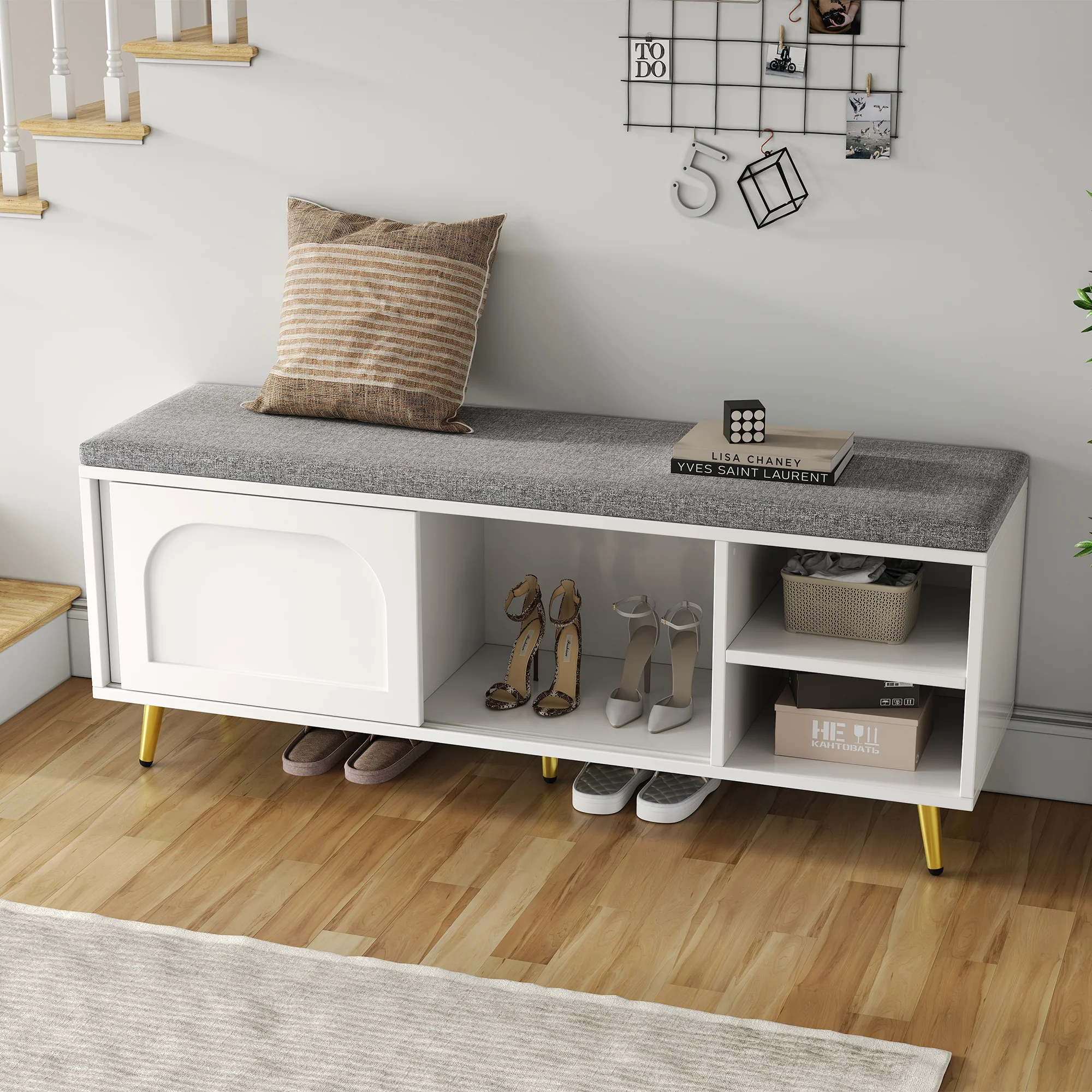 Shoe Bench Storage with Seat Cushion - White - Image 2