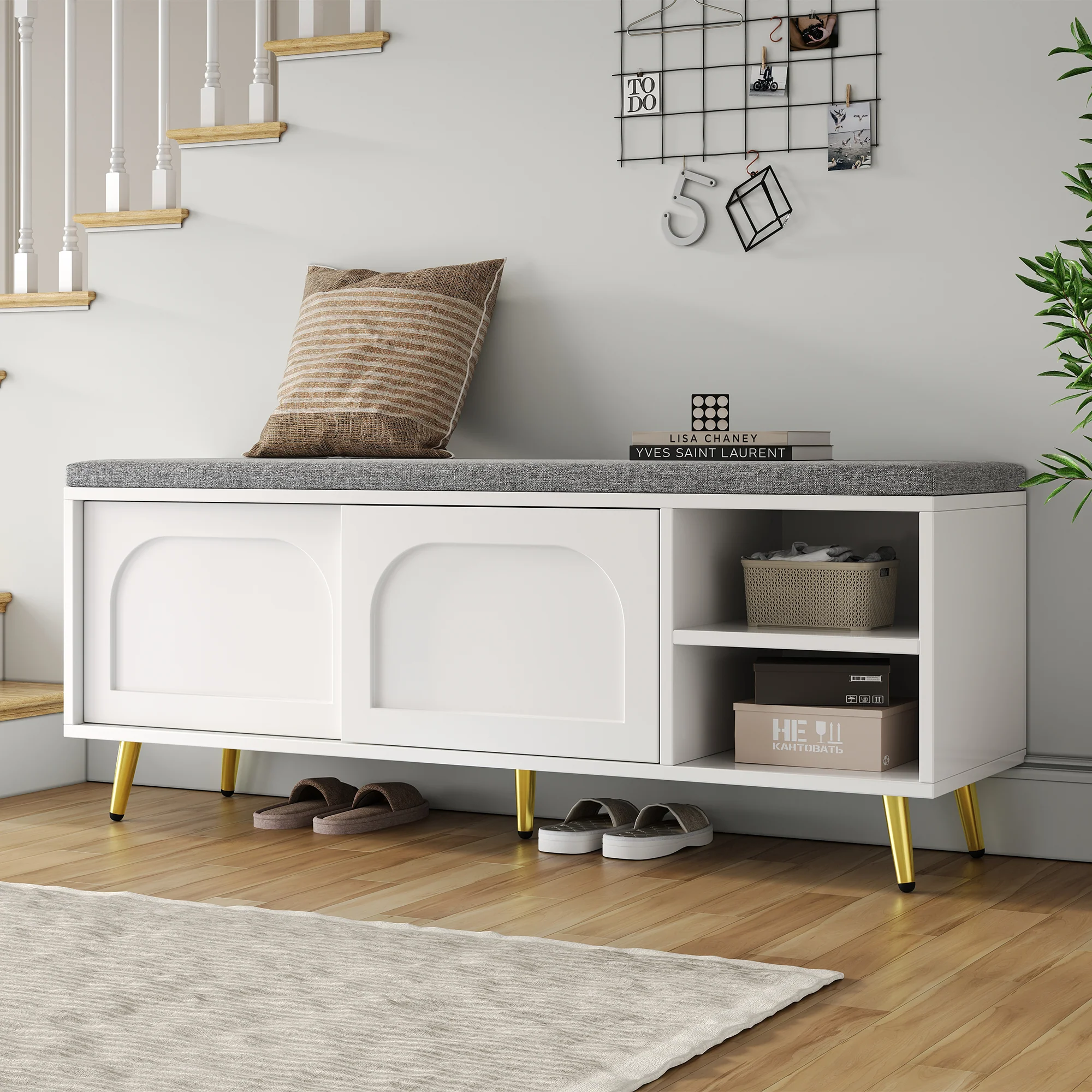 Shoe Bench Storage with Seat Cushion - White - Image 3