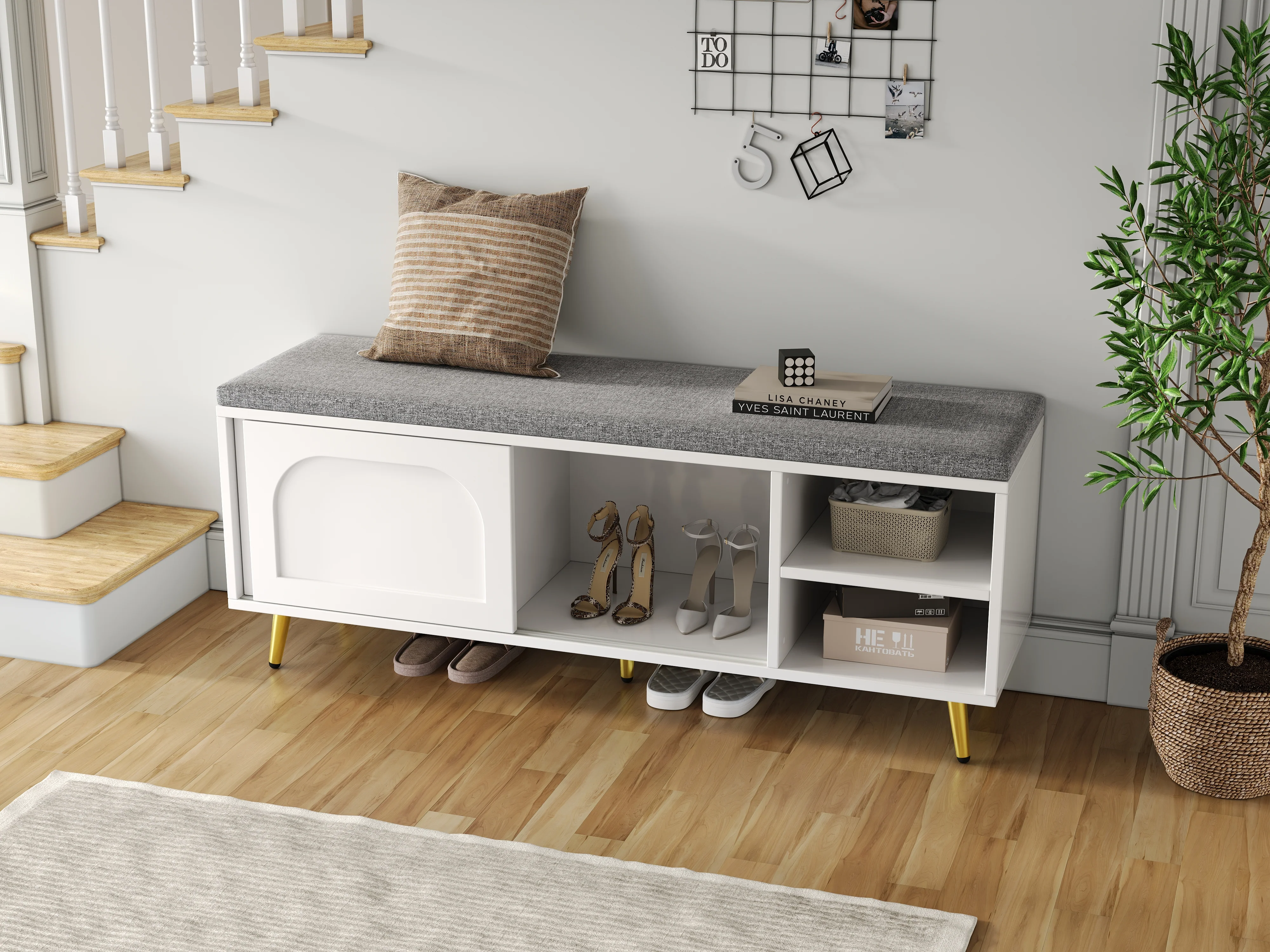 Shoe Bench Storage with Seat Cushion - White - Image 5