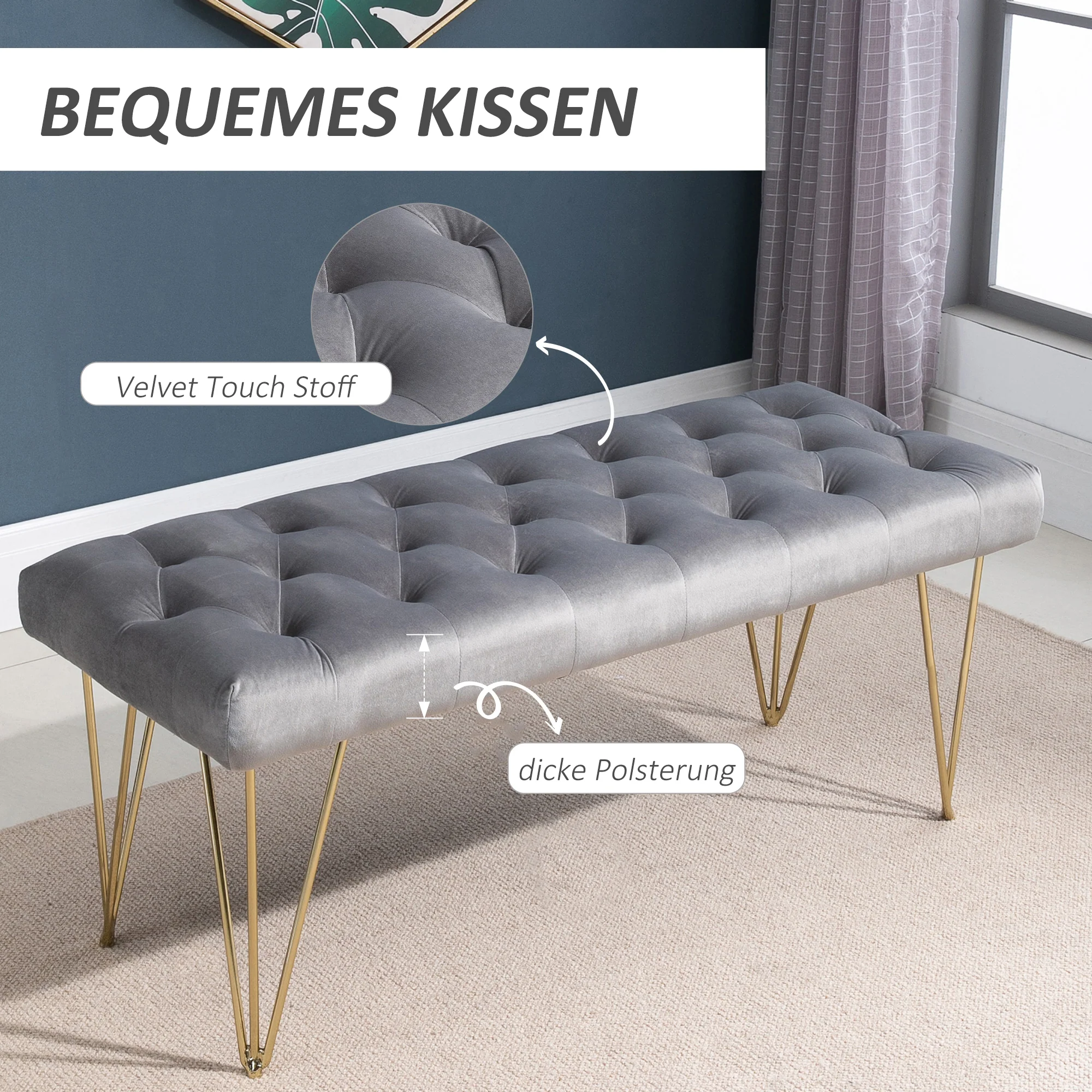 Shoe Bench, Velvet Cover, Entrance Area, Grey - Image 4
