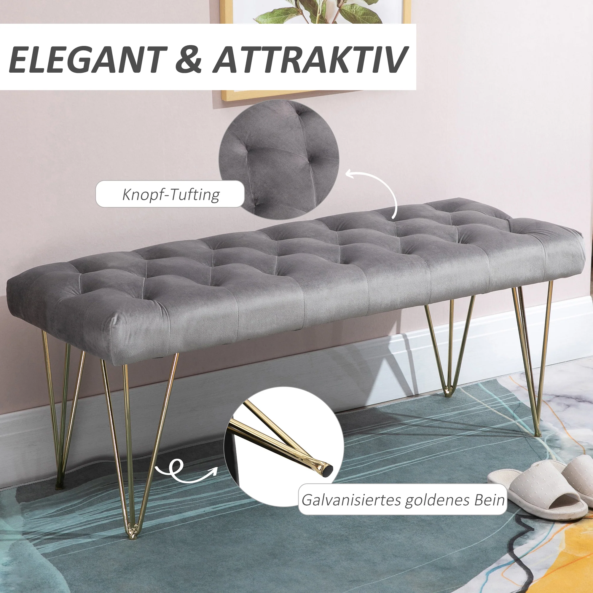 Shoe Bench, Velvet Cover, Entrance Area, Grey - Image 5
