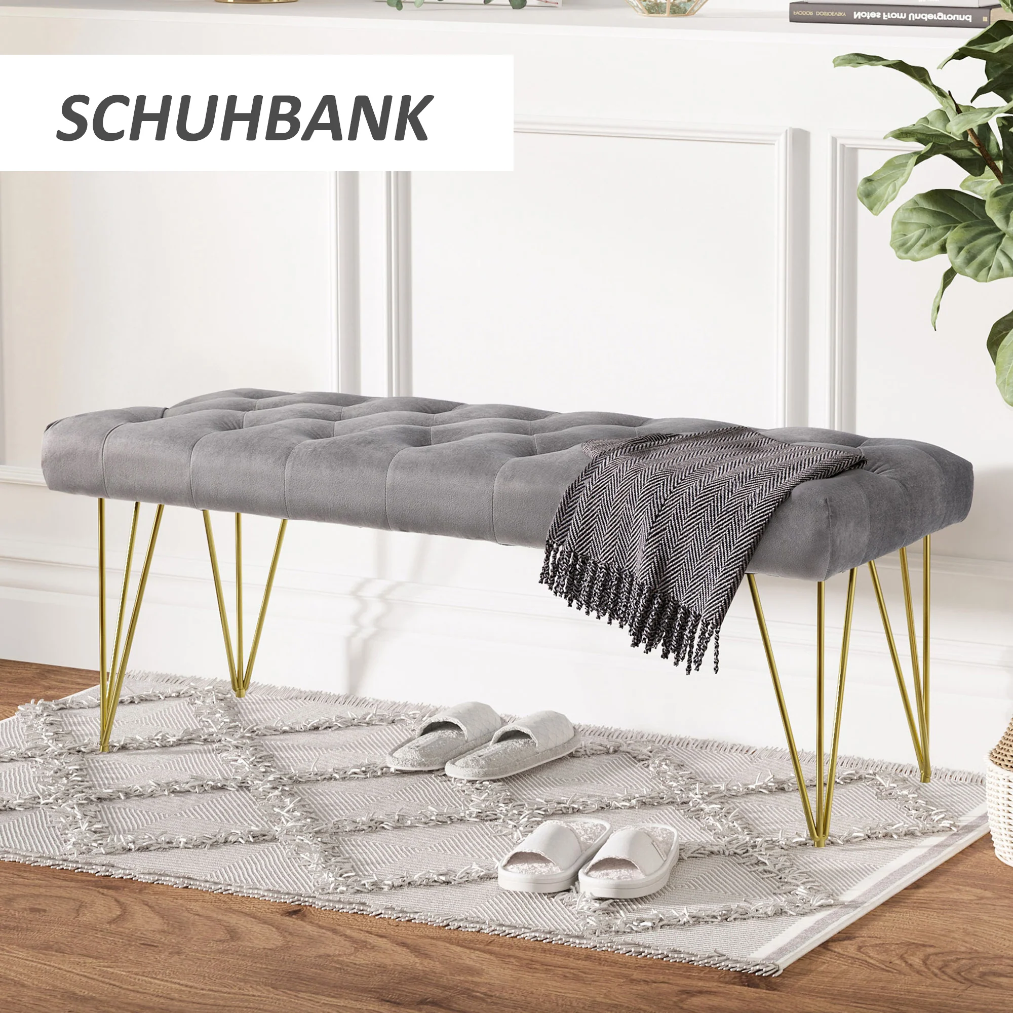 Shoe Bench, Velvet Cover, Entrance Area, Grey - Image 6