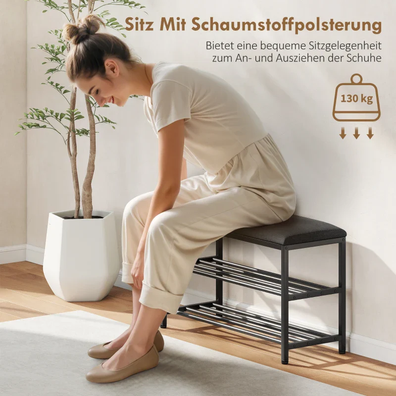 Shoe Bench with Seat, Storage & 2 Open Compartments - Black - Image 8