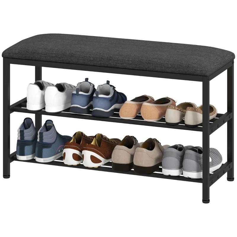 Shoe Bench with Seat, Storage & 2 Open Compartments - Black - Image 9