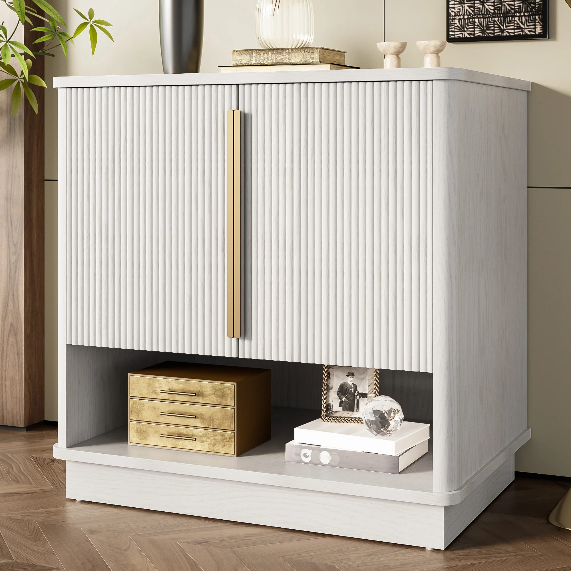 Shoe Cabinet 2 Doors Open Compartment Gold Handles 60x40x61cm - White