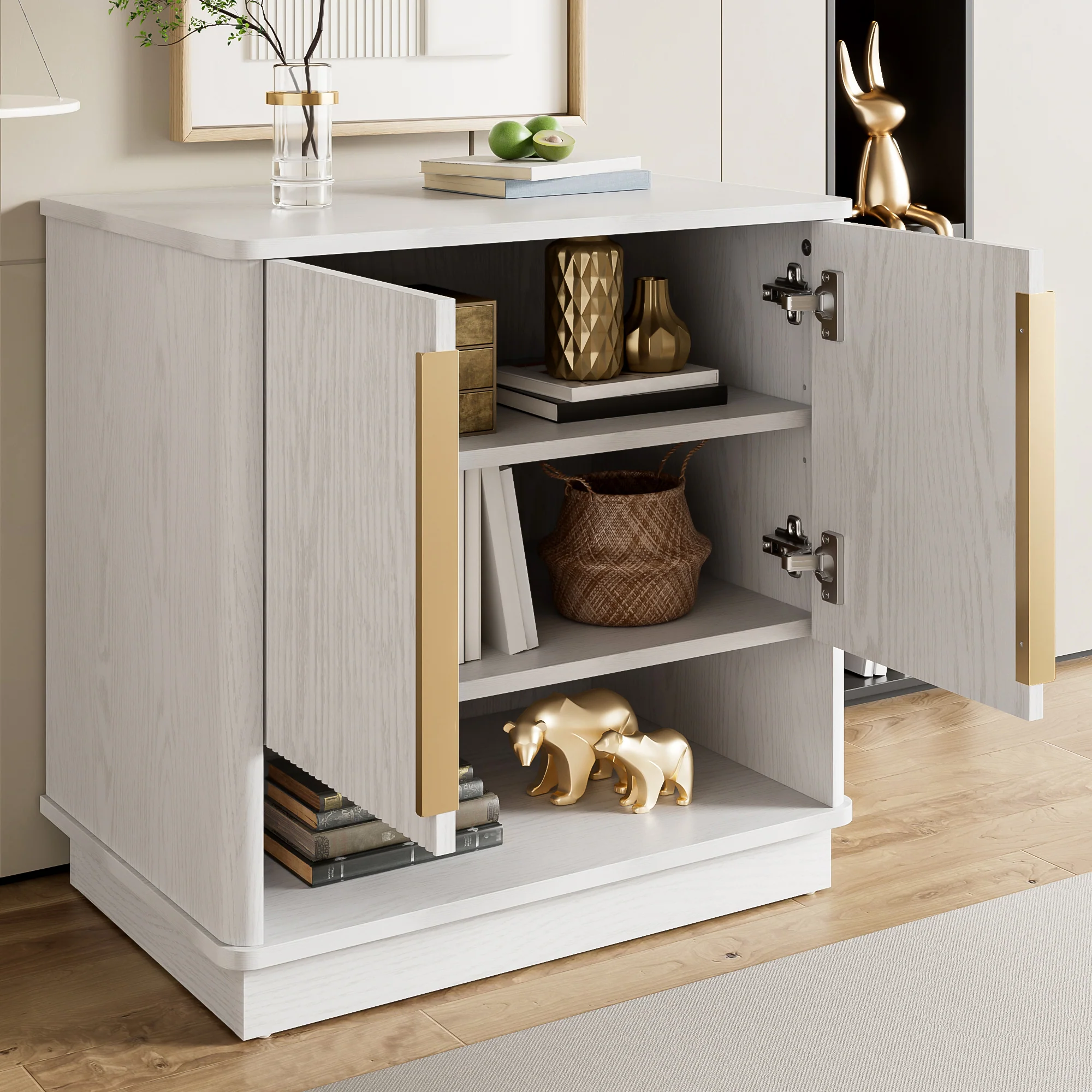 Shoe Cabinet 2 Doors Open Compartment Gold Handles 60x40x61cm - White - Image 10