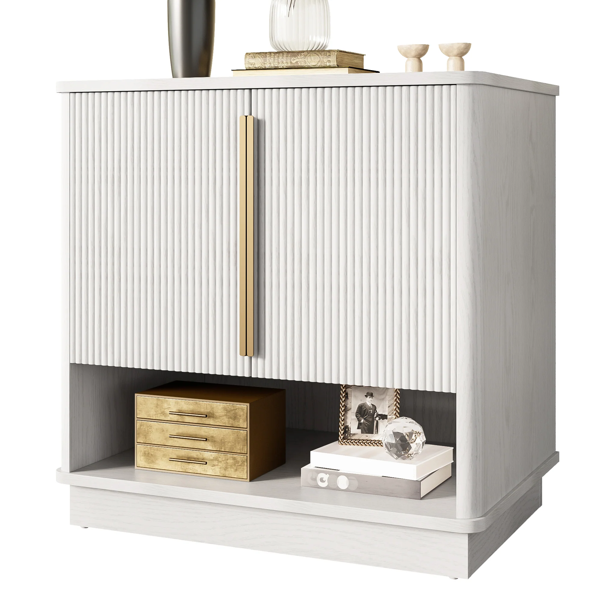 Shoe Cabinet 2 Doors Open Compartment Gold Handles 60x40x61cm - White - Image 2